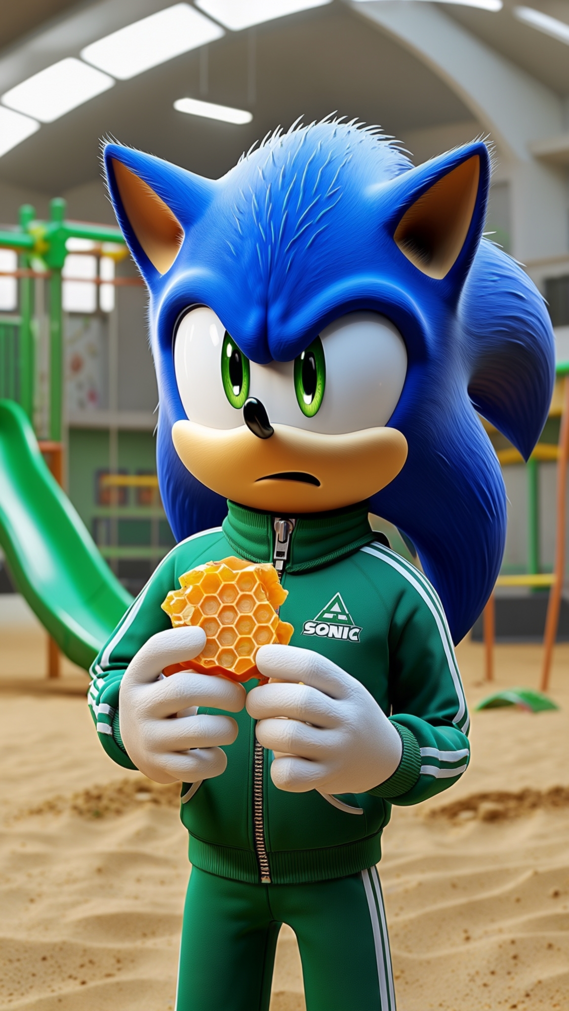 AI Image Generated by Luma Photon: A highly detailed 3D-rendered digital artwork of Sonic the Hedgehog, wearing a green Squid Game-style tracksuit with white stripes and a zipper. He has an anxious expression on his face as he carefully holds a honeycomb dalgona candy with a triangle shape imprinted in the center. His large green eyes are wide open, showing concern. The scene is set in a sandy indoor playground with gym equipment such as green slides and swings in the background. The ceiling features a white arched structure with fluorescent lights illuminating the space. The texture of Sonic's blue fur is highly detailed, with individual strands visible. The lighting is bright and evenly spread, enhancing the realism of the scene."