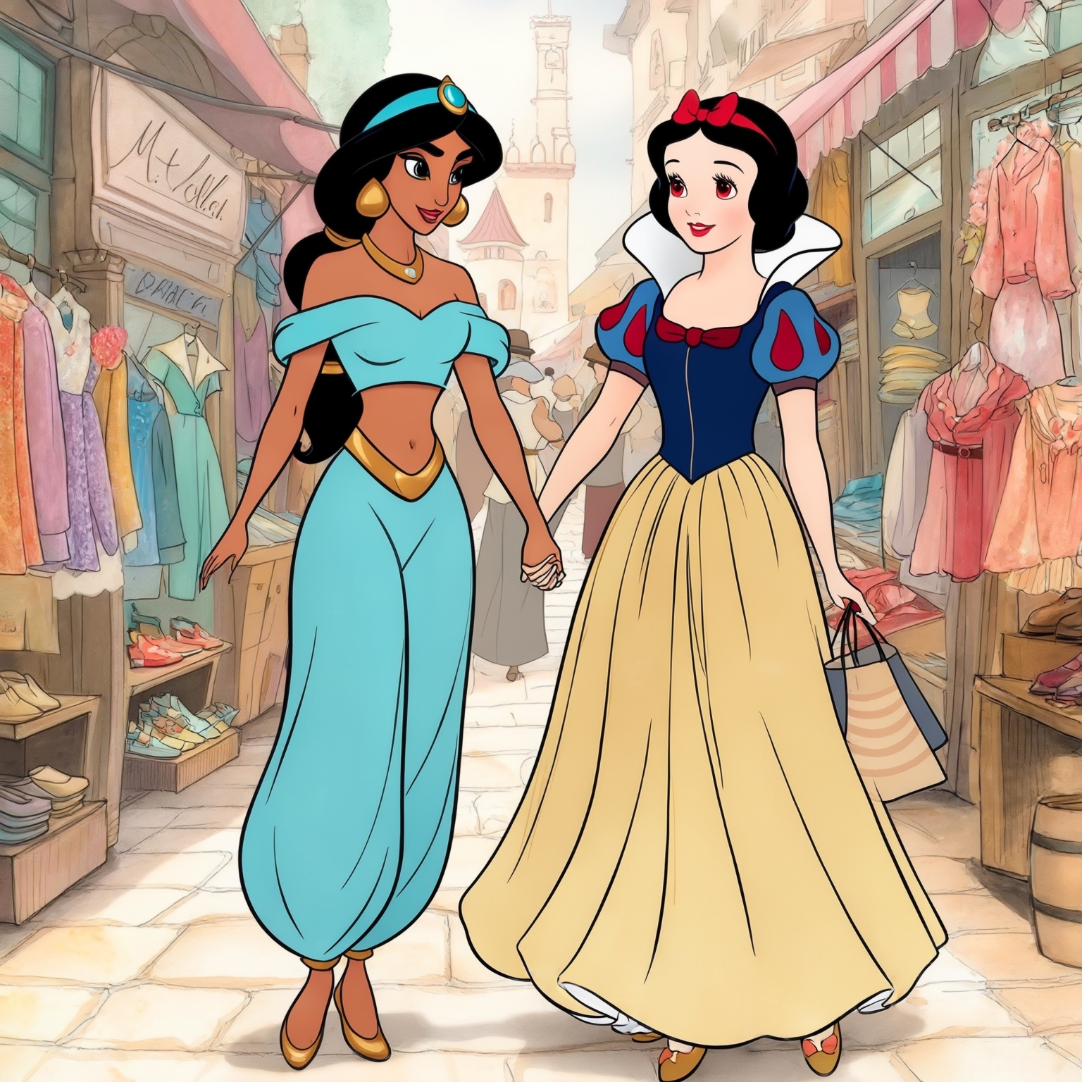 AI Image Generated by Luma Photon: lesbians princess jasmine dressed in princess Daisy and haïr style the same and princess snow white dressed in princess and style the same Peach and shopping clothe take hands drawing Disney 1937s