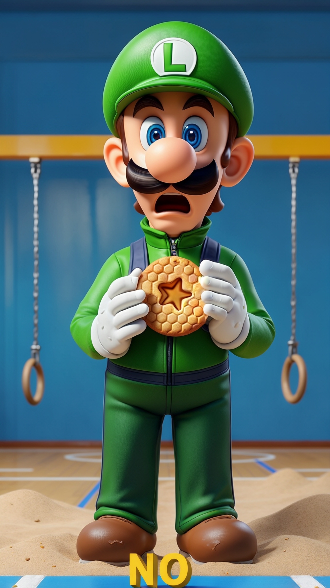 AI Image Generated by Luma Photon: A 3D-rendered character resembling Luigi from Super Mario, wearing a green Squid Game tracksuit with the number 456 on his cap. He looks shocked, holding a round honeycomb cookie with a star shape carved in the center. The background features a playground with swings, rings, and a sandy floor inside a bright blue gymnasium. The word 'NO' is written in bold yellow text at the bottom of the image.