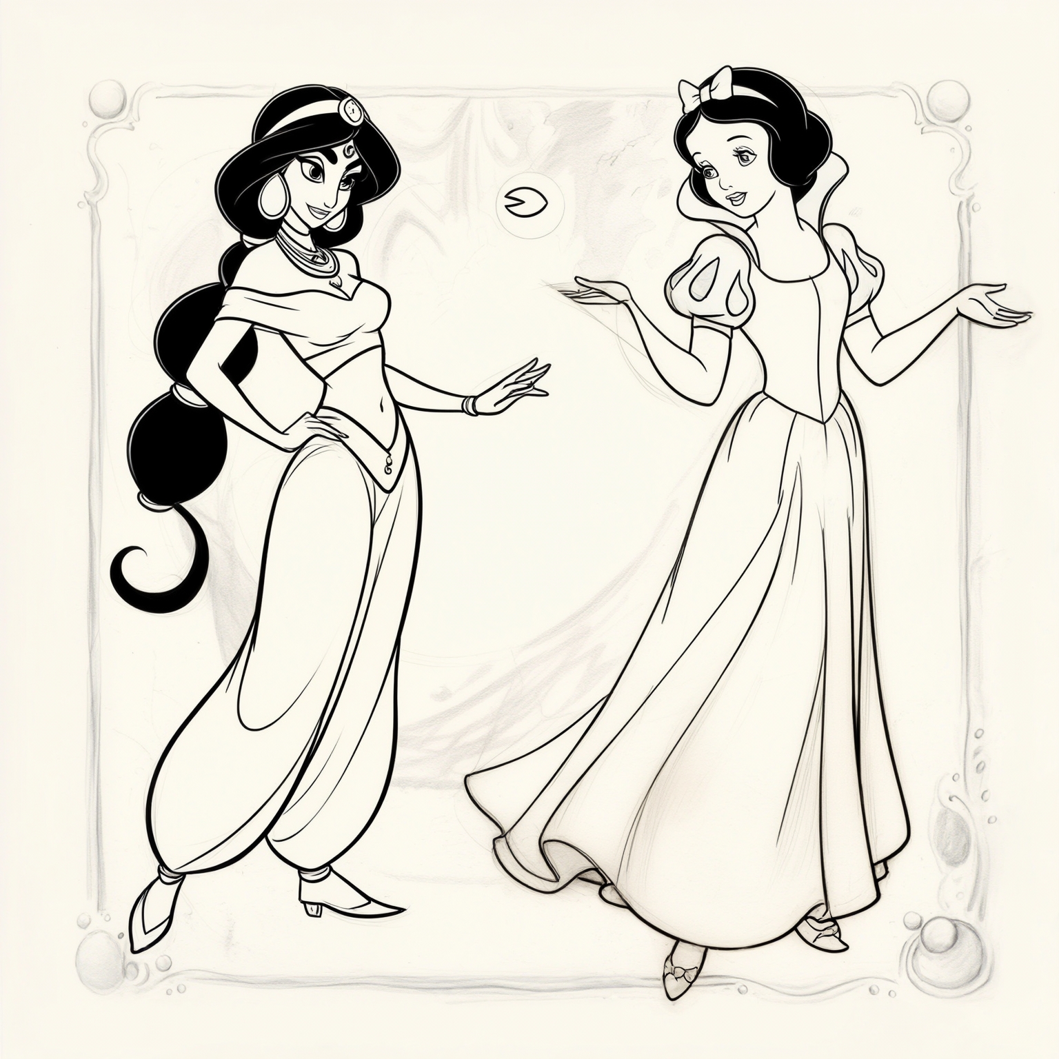 AI Image Generated by Luma Photon: Two lesbians two Pac Man characters like princess jasmine and princess snow white drawing Disney 1937s that both