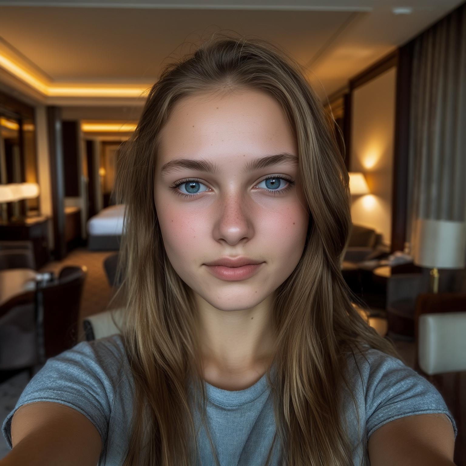 AI Image Generated by Luma Photon: FRONT SELFIE OF A Dutch WOMAN, 20 YEARS OLD,  REALISTIC PHOTO, TAKEN BY HIMSELF, WITH A GOOD QUALITY BACKGROUND OF A HOTEL
