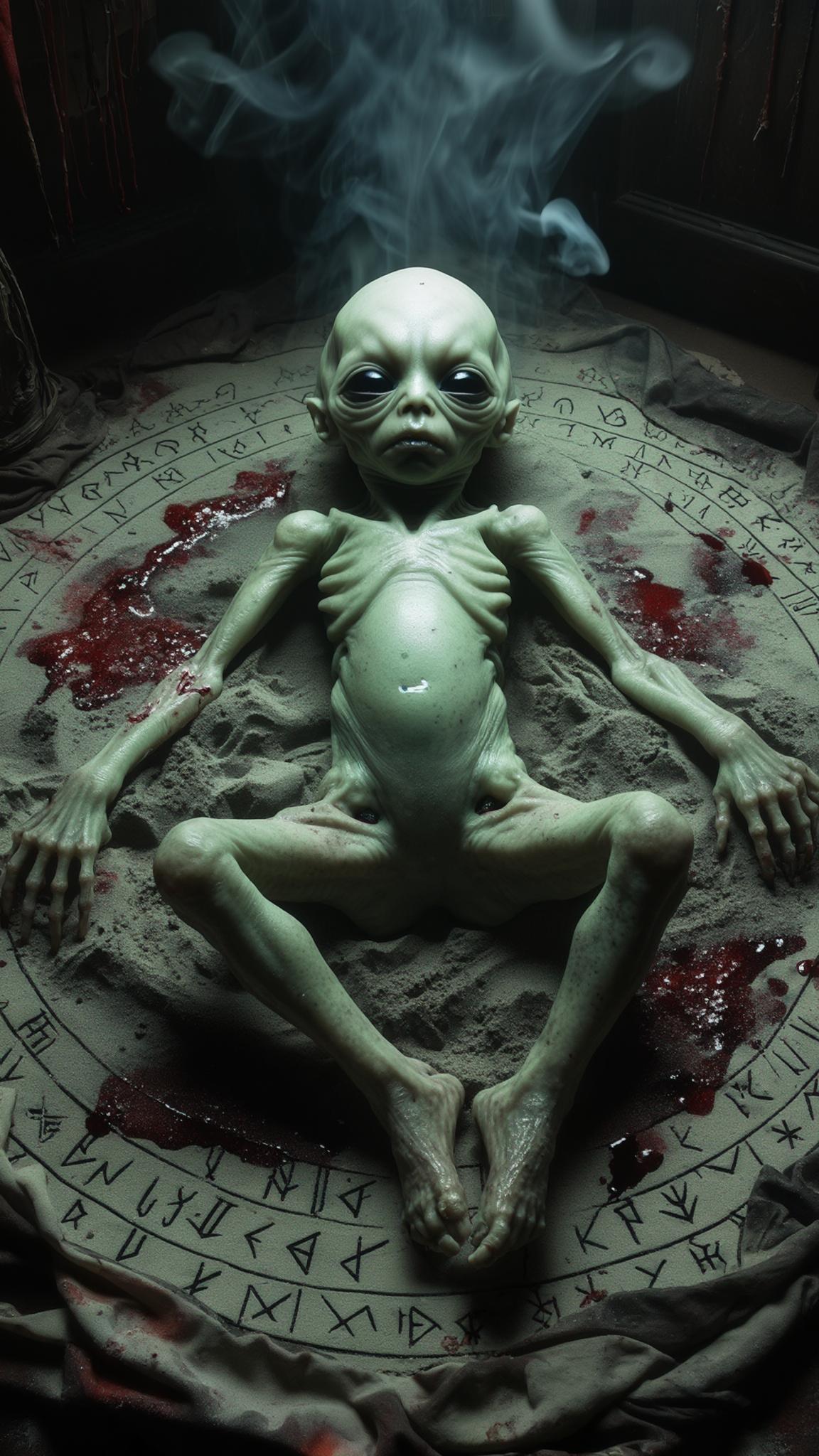 AI Image Generated by Luma Photon: Inside a candle-lit ritual chamber, a pale green fetus-like creature lies in a circle of ash. Black-eyed, shriveled limbs, silent expression. Blood-soaked cloth and ancient runes surround it. The air is thick with smoke, tension, and dark energy.