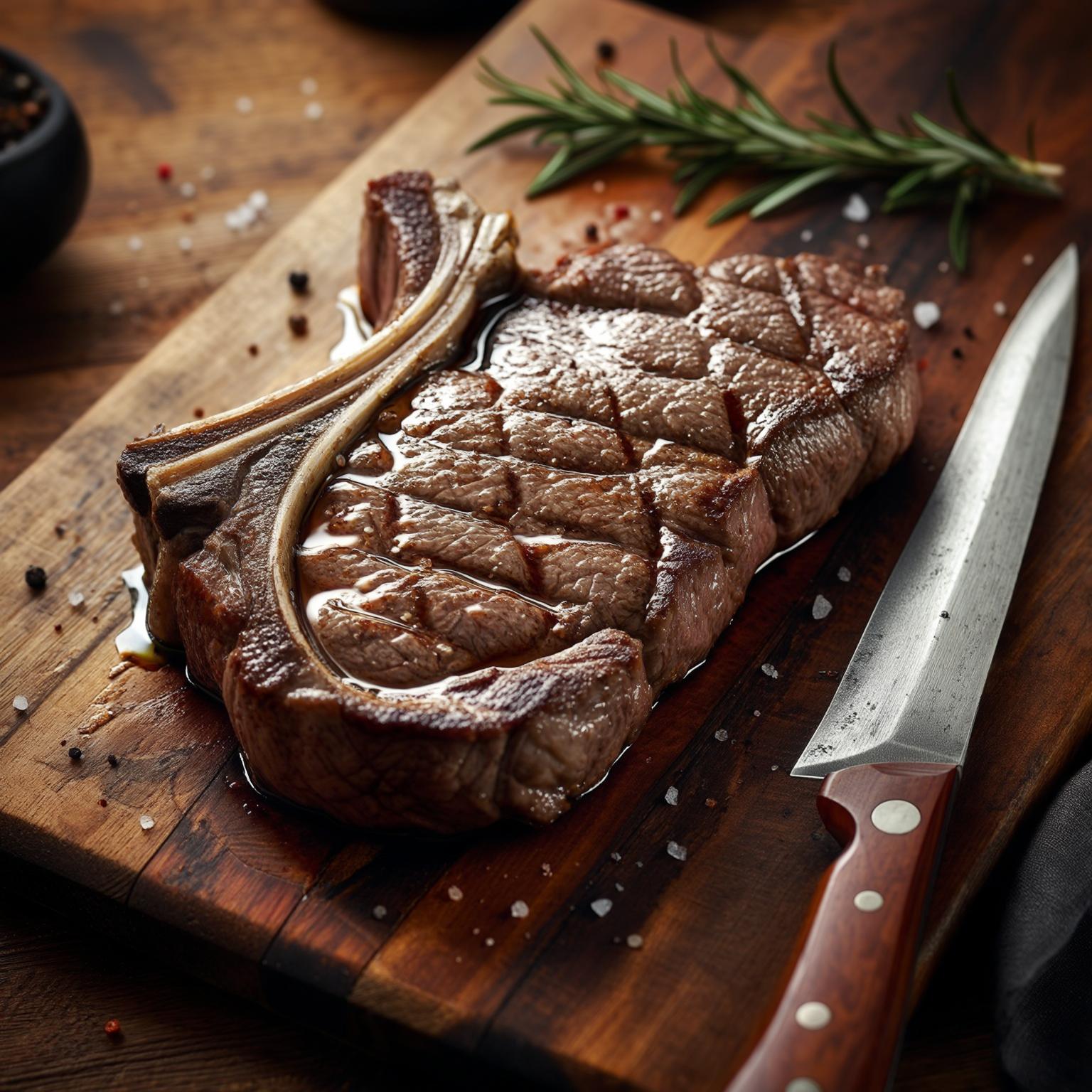 AI Image Generated by Luma Photon: entrecôte de bœuf servie au restaurant sur planche en bois, vue de dessus, couteau à viande, lumière d'ambiance, photo ultra réaliste, haute définition, gourmandise