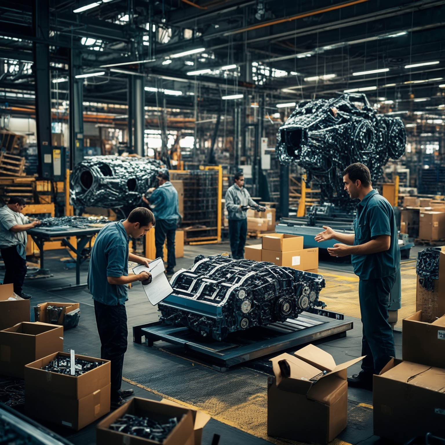 AI Image Generated by Luma Photon: workers with open boxes around them, assembling a complex machine while a foreman pores over assembly instructions and directs some of the workers (telling them what to do).  Meanwhile, there's another of the complex machines in the background, already assembled.
