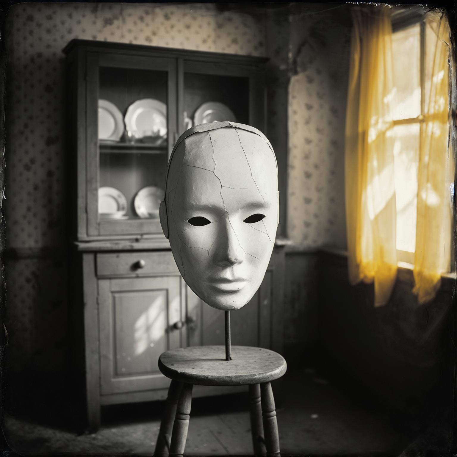 AI Image Generated by Luma Photon: blurry, grainy black-and-white vintage-style film photograph: A softly lit, timeless interior scene with a deeply unsettling mood. In the center of the room stands a simple wooden stool. Atop it sits a large, full-head papier-mâché mask—blank, pale white, slightly cracked, with hollow eye sockets. In the background, a worn wooden cupboard displays a partly cracked, old china set behind smudged glass. The wallpaper is faded, decorated with a repetitive pattern of tiny, aged floral motifs. To the side, a window framed by yellowing tulle curtains lets in a cold shaft of dynamic, directional daylight—casting dramatic shadows across the room. The room feels frozen in time, balanced yet fragile. Dust lingers in the air. No human figure is present, yet the atmosphere is heavy with implied memory. The mood is quiet, somber, and deeply uncanny—drawing inspiration from the eerie stillness of Ralph Eugene Meatyard’s photography