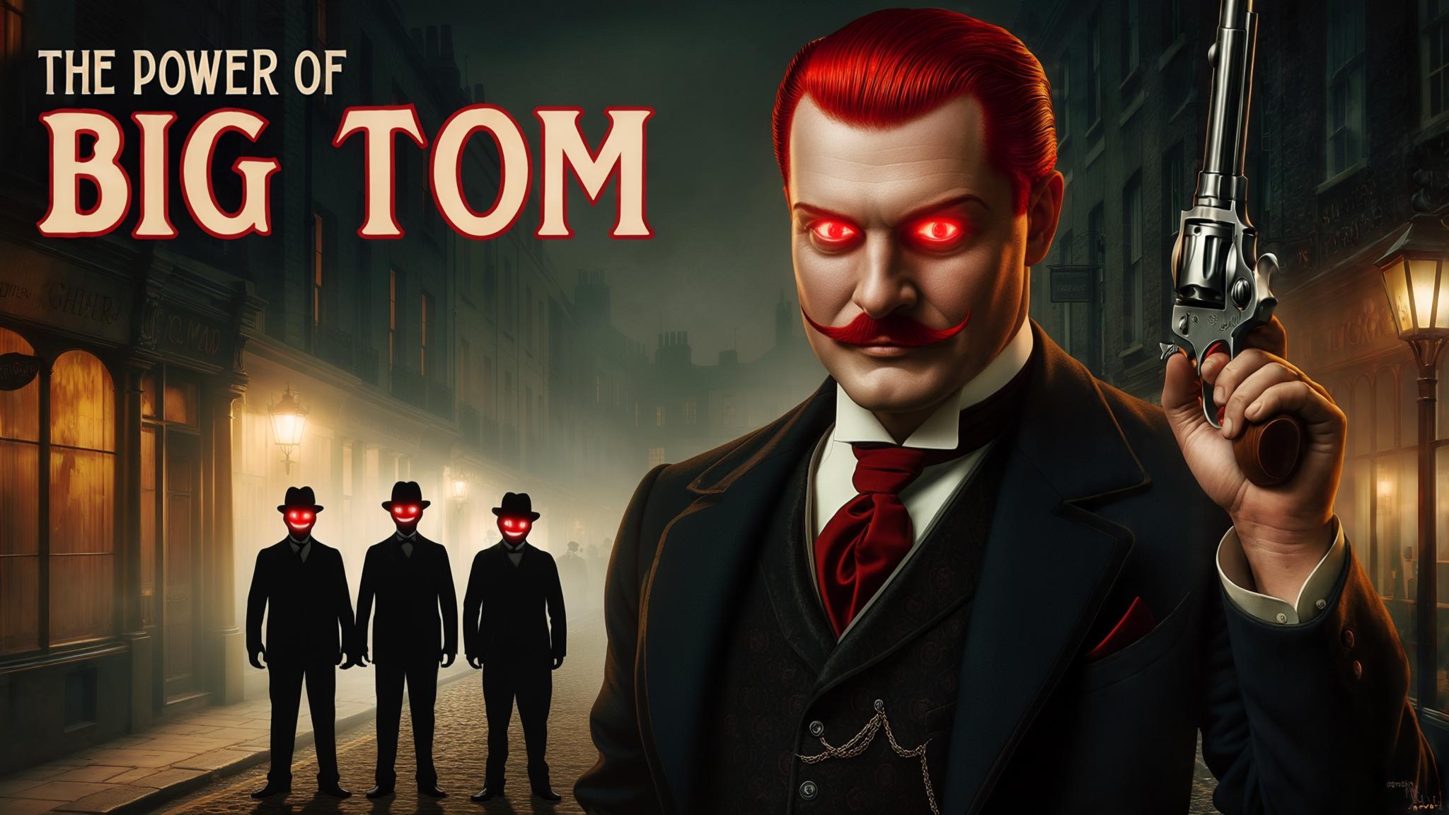 AI Image Generated by Luma Photon: This should be a movie cover. No captions except "The Power of Big Tom". The background is the streets of London, a slight haze. Night. Lanterns illuminate the street. In the middle of the street stand three silhouettes with red eyes and mocking smiles from the shadows. These silhouettes are dressed in expensive clothes typical of the 20th century mafia. A man looms over this whole picture. He has well-groomed red hair slicked to the side. He has a short red moustache. He is dressed in beautiful clothes and holds a revolver in his hand. A poster in the style of 20th century advertising. Dark mood