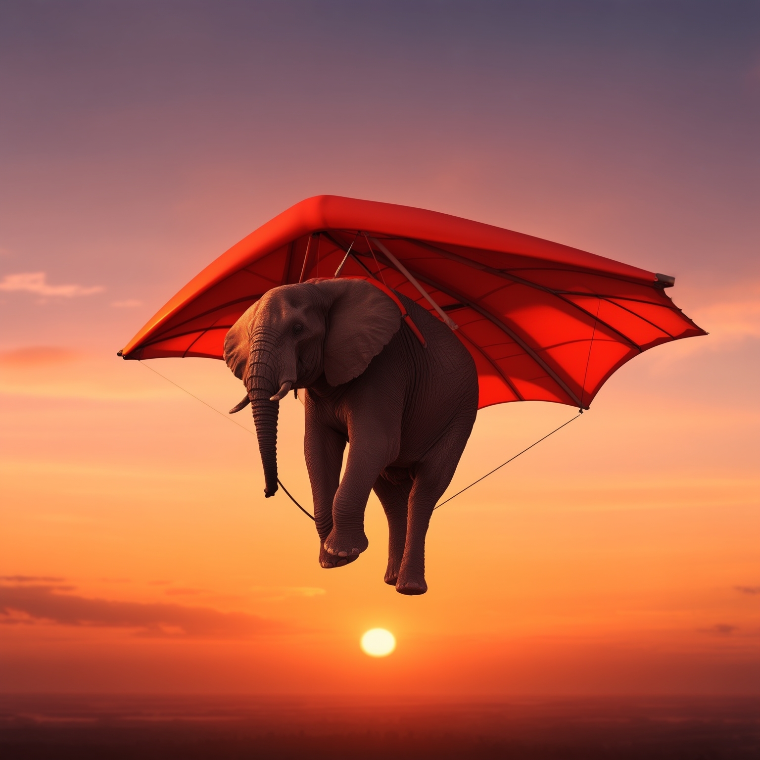 AI Image Generated by Luma Photon: elephant flying a hang glider that's proportionally-sized illuminated by a natural sunset