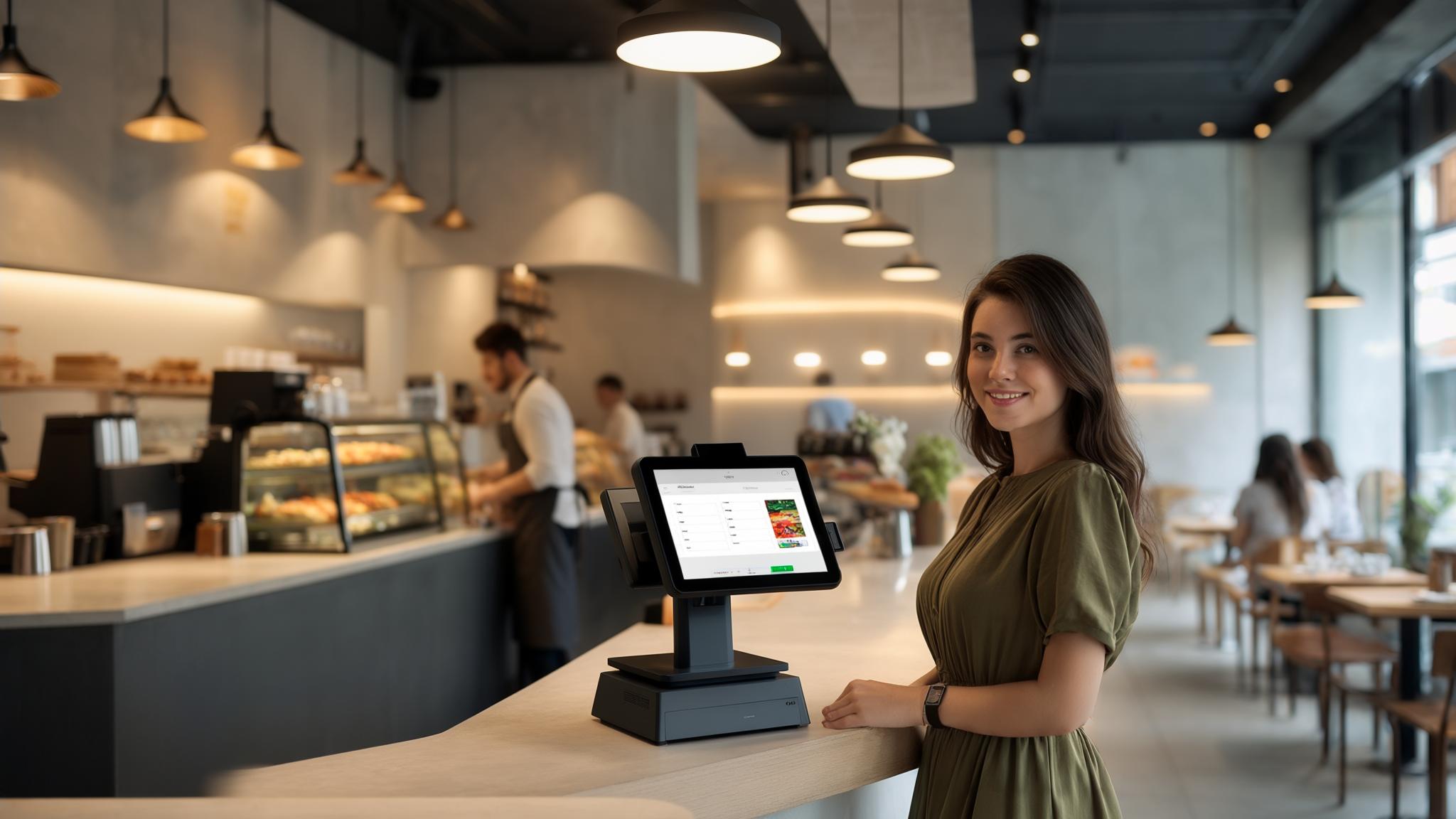 AI Image Generated by Luma Photon: ​A photo of a Cafe, A modern POS system on the counter. A cute woman is standing near the counter wearing olive dress. The cafe has a organized layout, few customers are there dining behind her. The background is minimalist with bright lights hanging from the ceiling.