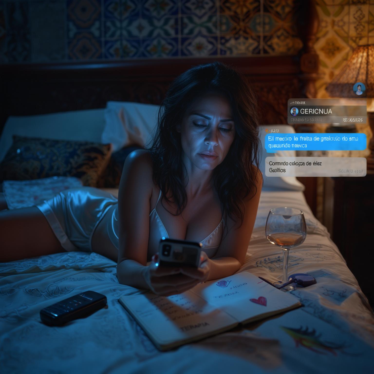 AI Image Generated by Luma Photon: "A cinematic photograph of a Mexican woman in her late 30s reclining on a luxurious bed at midnight, bathed in the blue glow of a therapy app on her phone (discarded face-down) contrasted with warm golden light from a bedside lamp. She wears satin pajamas with the top buttons undone, fingers tracing her collarbone while her other hand disappears under the sheets. The composition reveals symbolic details: a half-empty wine glass, a vibrator discreetly peeking from under the pillow, and a notebook titled 'TERAPIA' with crossed-out entries next to doodles of hearts and flames. The background shows a blurred group chat notification with messages like 'deberías ir a terapia' on her unlocked phone. Shot with a 50mm lens at f/1.8 for soft focus, using a moody color palette of indigo and amber with chiaroscuro lighting that sculpts her contemplative expression and the sensual tension in her neckline."

Key Visual Metaphors:

Discarded therapy app vs intimate self-touch

Dual lighting (clinical blue vs sensual gold)

Notebook showing rejected vs embraced healing methods

Phone notifications representing social expectations

Technical Specs:

Style: Contemporary erotic realism with Mexican noir influences

Lighting: High contrast with practical light sources

Color Grade: Teal-and-orange palette pushed for emotional impact

Composition: Dutch angle for psychological tension

Details: Hyper-realistic textures with selective focus

Art Direction Notes:
The image should capture the quiet rebellion of choosing pleasure over prescribed healing. Include subtle Mexican cultural touches: traditional rebozo folded at the foot of the bed, ceramic tile patterns in the background, and the woman's natural beauty with minimal retouching to show authenticity. The atmosphere balances melancholy with sensual awakening - her expression should mix vulnerability with growing self-awareness.