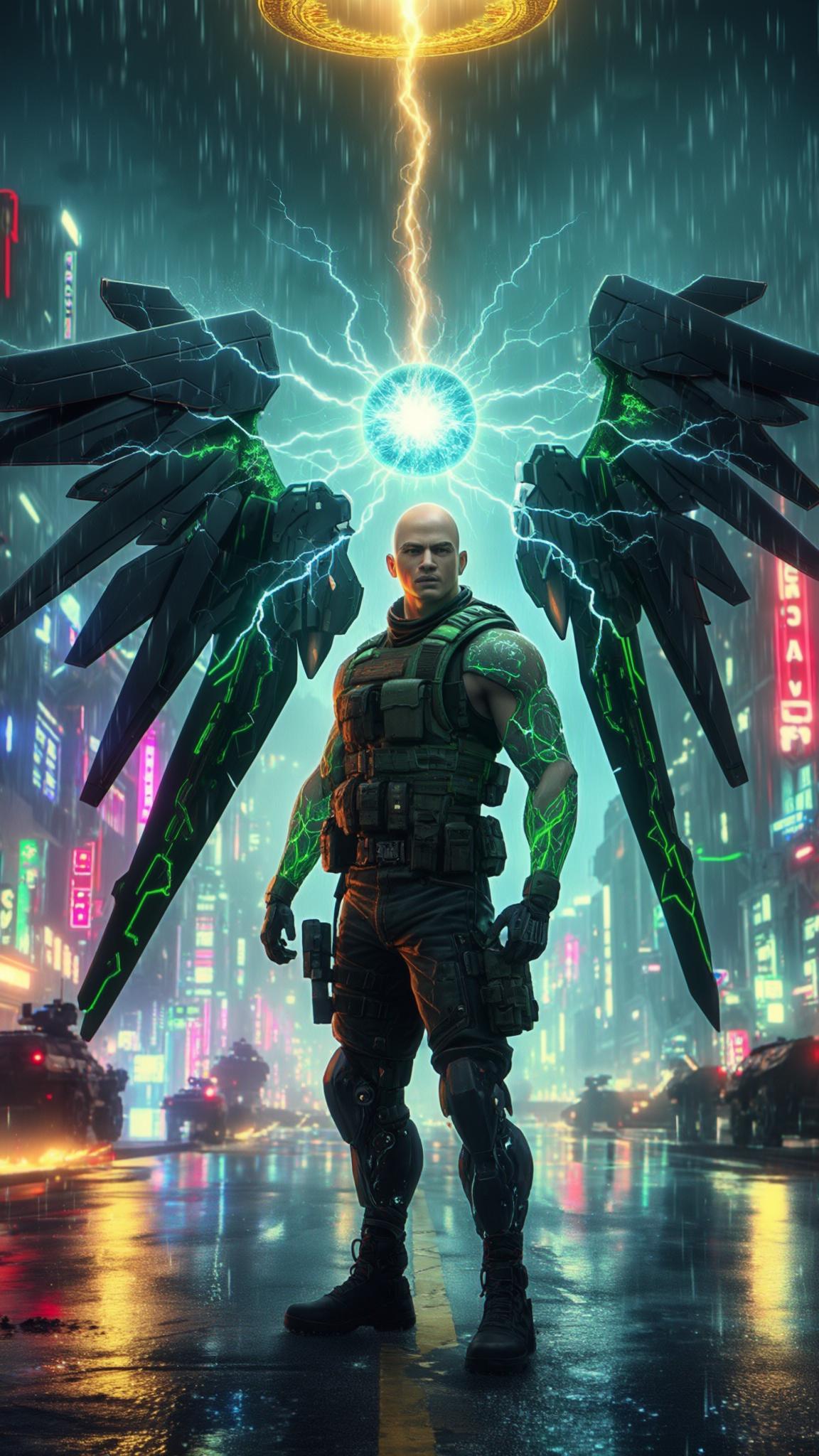 AI Image Generated by Luma Photon: A cinematic 45-degree shot captures a bald Dominican young man standing in the neon-lit streets of a sprawling futuristic cityscape, his battle-worn face illuminated by the golden glow of a floating halo above his head. Rain drizzles onto the slick pavement, reflecting the pulsing neon skyline as distant patrol ships weave through the sky. His cybernetic arms crackle with surging electricity, energy coursing like a living storm through his metallic veins. Massive Gundam-style mecha wings remain folded behind him, their sleek black alloy and neon green energy pulsating in anticipation.

Slowly, he raises his arm forward, fingers curling into a precise form as raw power gathers at his palm. The atmosphere shifts—lights flicker, the air hums, and the ground trembles with the charge. The camera tightens on his face, revealing a sharp, unwavering gaze as a brilliant energy sphere condenses at his fingertips. Then, in a single, explosive motion, he unleashes a blinding energy blast skyward. The shot follows the beam’s trajectory as it cuts through the rain, illuminating the darkened skyline with an electric-blue glow. The enemy ship above attempts to evade, but the impact is inevitable—an eruption of fire and debris engulfs the sky, shockwaves rippling through the towering skyscrapers. His silhouette stands firm against the backdrop of destruction, the faint crackle of residual energy still flickering around his outstretched arm. The city hums with tension, bathed in the aftermath of his raw power, rendered in hyper-realistic 8K with Unreal Engine-quality visuals.