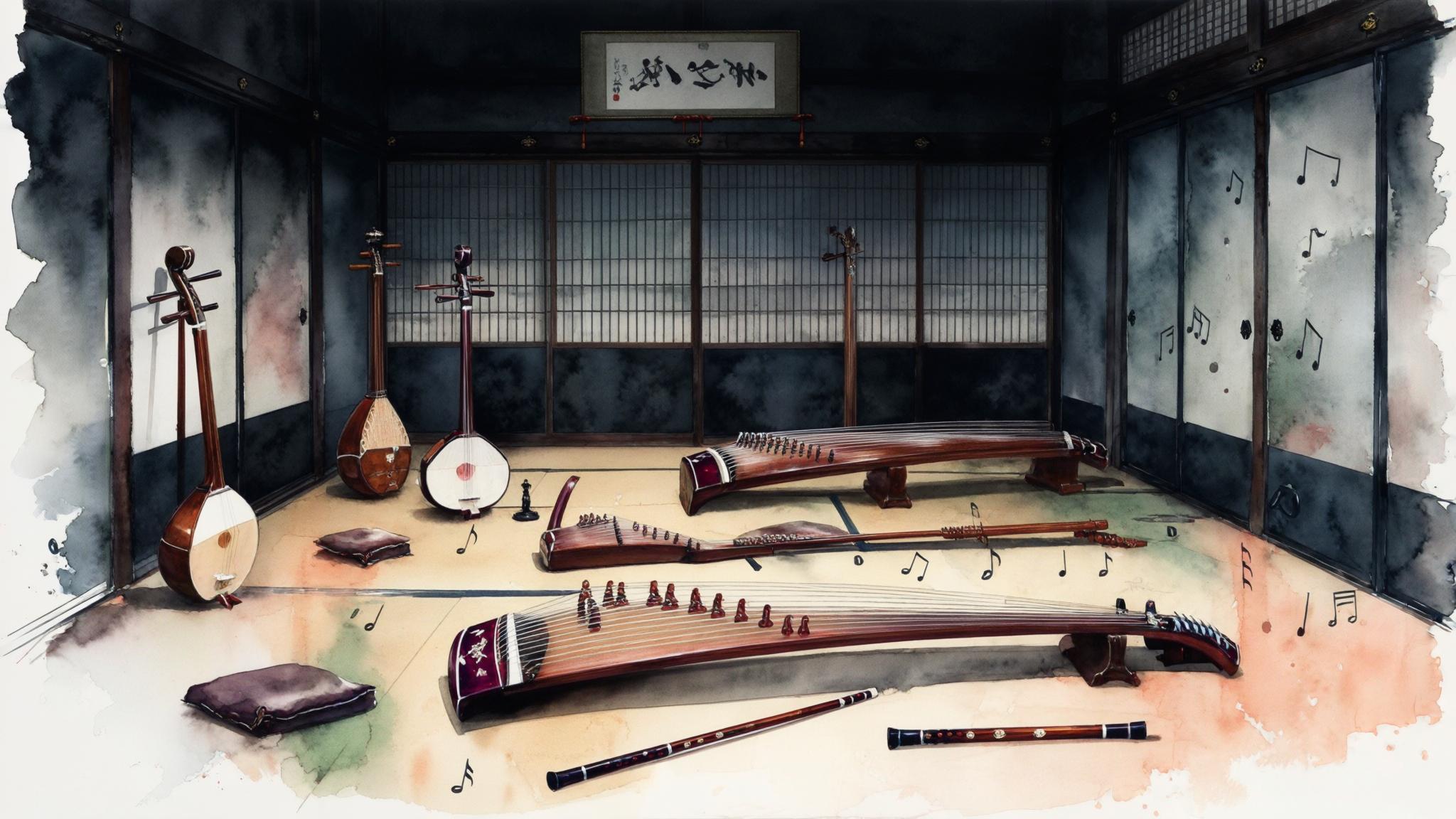 AI Image Generated by Luma Photon: Japan, second half of the 19th century. The Boshin War is underway. The Geisha school in Kyoto. View of Japanese music room where various national ancient instruments are located: shamisen, koto, shakuhachi. There are notes on the floor. Watercolor style, all objects in dark tones.  For some parts use colors: #92011A, #3D6E3E, #013857, #FFE0DF