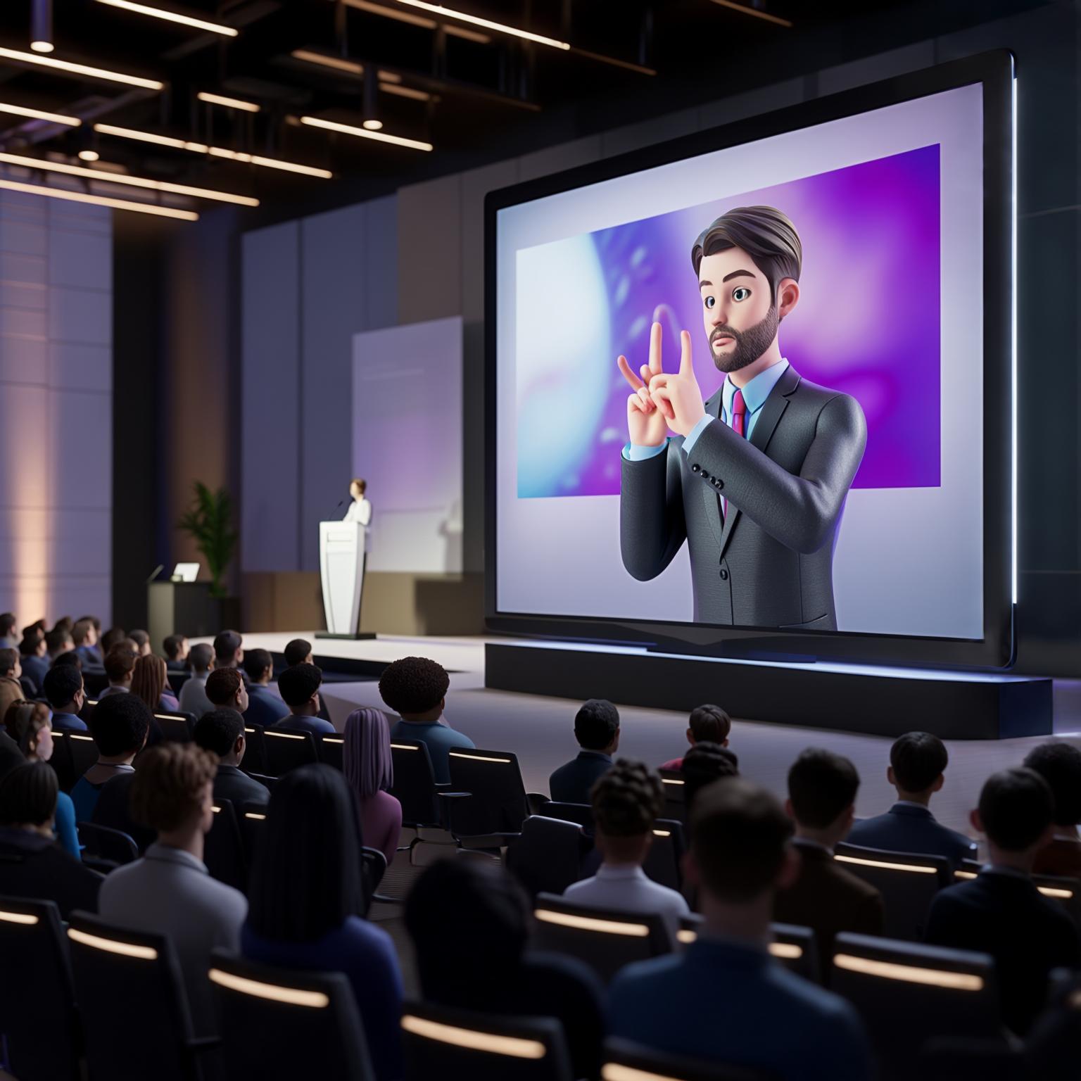 AI Image Generated by Luma Photon: 
a 3D avatar doing american sign language on a TV screen (no words on the TV screen) at a public conference with a speaker on the stage