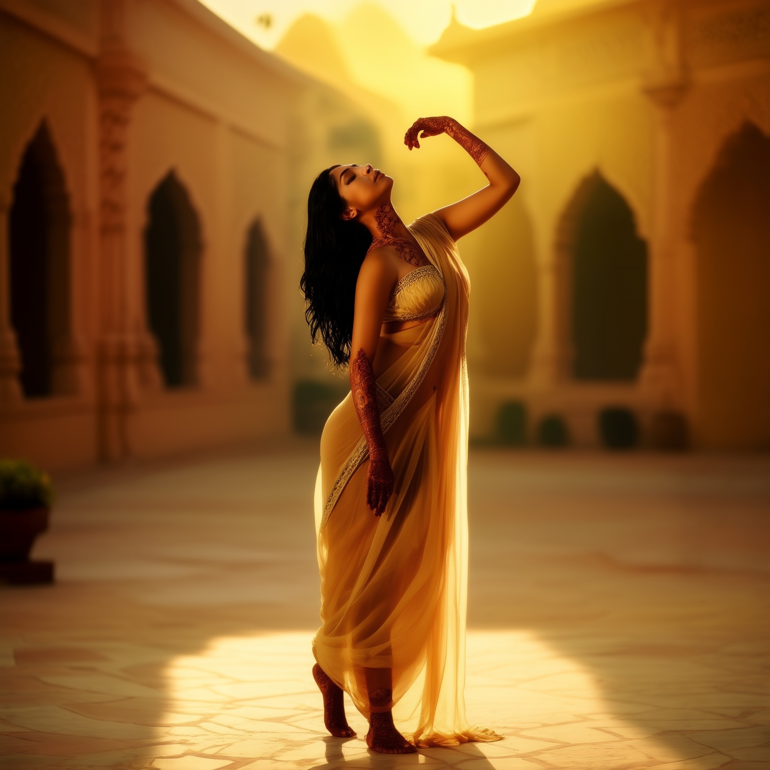 AI Image Generated by Luma Photon: Glowing, bronze skin. Long, flowing black hair. Intricate henna designs on hands and feet. Wearing a sheer, gold sari that clings to her curves. Standing in a sun-drenched courtyard. Back arched slightly. Head tilted back, eyes closed. Arms raised above her head. Full body shot. Soft, warm lighting. Pre-Raphaelite Brotherhood inspiration. Sensual. Ethereal. Divine. Add a hazy, dreamlike quality and ornate architectural details in the background. Grace. Beauty. Perfection.