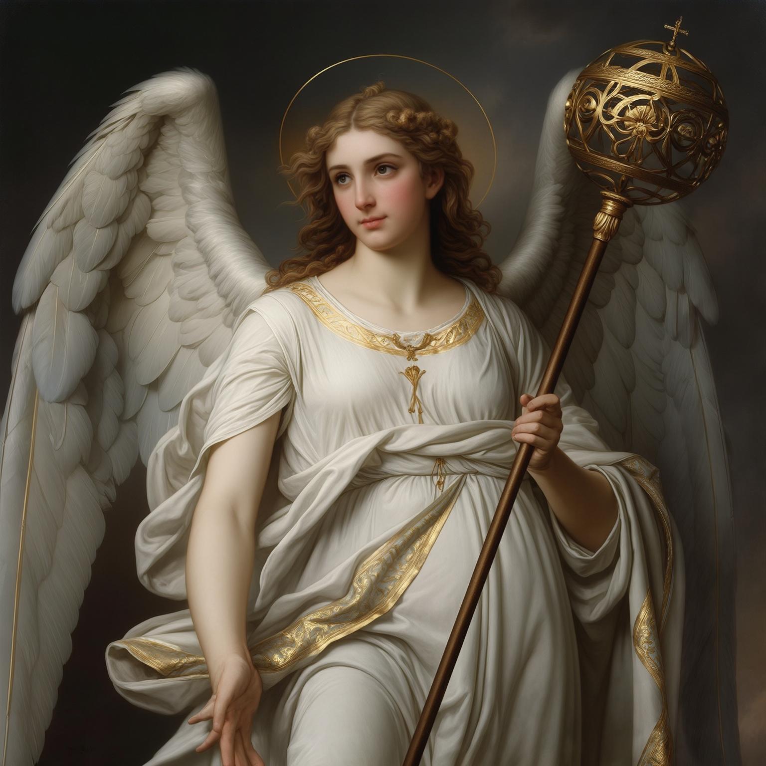AI Image Generated by Luma Photon: Image is a classical religious painting depicting an angel with a serene expression. The angel figure has an idealized, almost ethereal beauty, characteristic of Romantic and Pre-Raphaelite aesthetics. The angel is adorned in a flowing white robe with gold accents, holding a staff topped with an ornate sphere. The composition is balanced, with a central figure reminiscent of classical portraits. The pose and drapery are also reminiscent of Neoclassical paintings. The artist pays meticulous attention to detail, particularly in the rendering of the hair and fabric. The texture and folds of the dress are carefully depicted, adding to the realism and visual richness of the piece. The color scheme is dominated by neutral tones - creamy whites, soft grays, and muted browns. This creates a sense of subdued elegance and timelessness.  There's a subtle contrast between the light dress , and the darker background. The use of blacks in the trim of the dress  also provides some contrast.  The lighting is soft, diffused, and even, creating a gentle and atmospheric effect. There are no harsh shadows or bright highlights. This lighting technique enhances the figure's delicate features and creates a serene mood.  The subtle gradations of light and shadow help to define the forms of the figure and his drapery, adding depth and volume to the painting.  The soft lighting contributes to the painting's overall ethereal and dreamlike quality, enhancing its symbolic and emotional . 