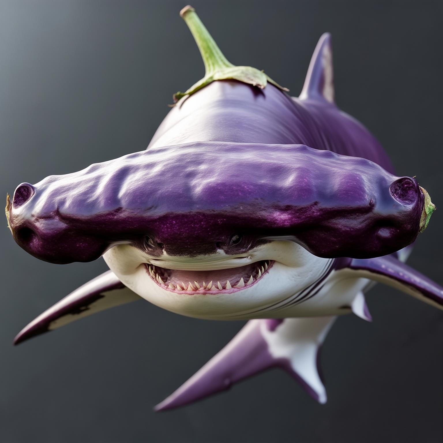 AI Image Generated by Luma Photon: A captivating and conceptual 3D render of an imposing hammerhead shark, artfully crafted from animal cells and imaginatively reimagined with elements of an eggplant. The shark's broad head is designed to capture the rich purple hue and glossy texture of the eggplant, with each detail paying homage to the vegetable's natural beauty. The sleek and streamlined body of the shark is illuminated by soft, natural light, showcasing the depth and realism of the structure. The vibrant colors and textures harmoniously blend the organic elegance of both the hammerhead shark and the eggplant, resulting in a stunning and thought-provoking masterpiece.