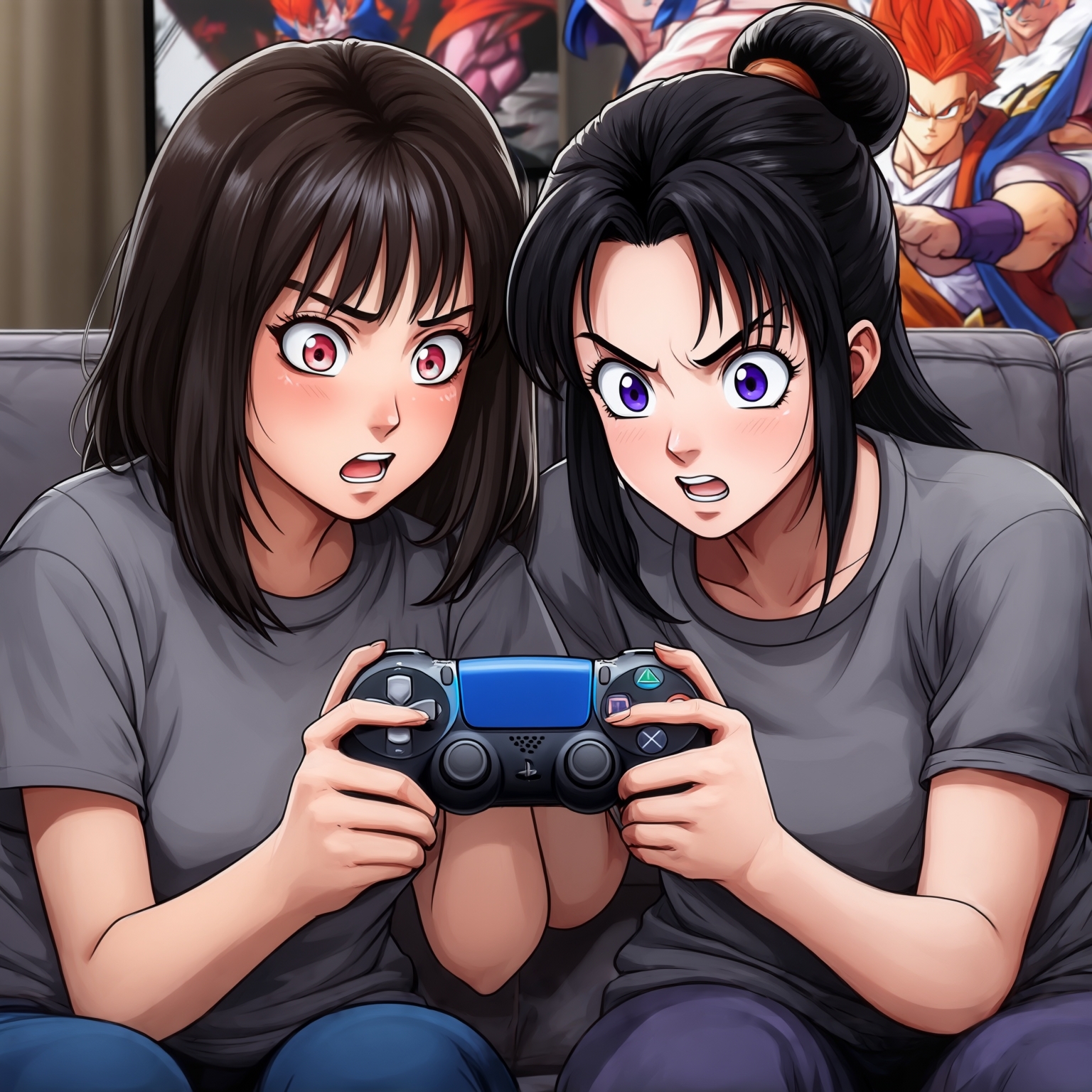 AI Image Generated by Luma Photon: Elena et Chun-Li en t-shirt gris jouer a la ps5 ensemble styles Street Fighter manga