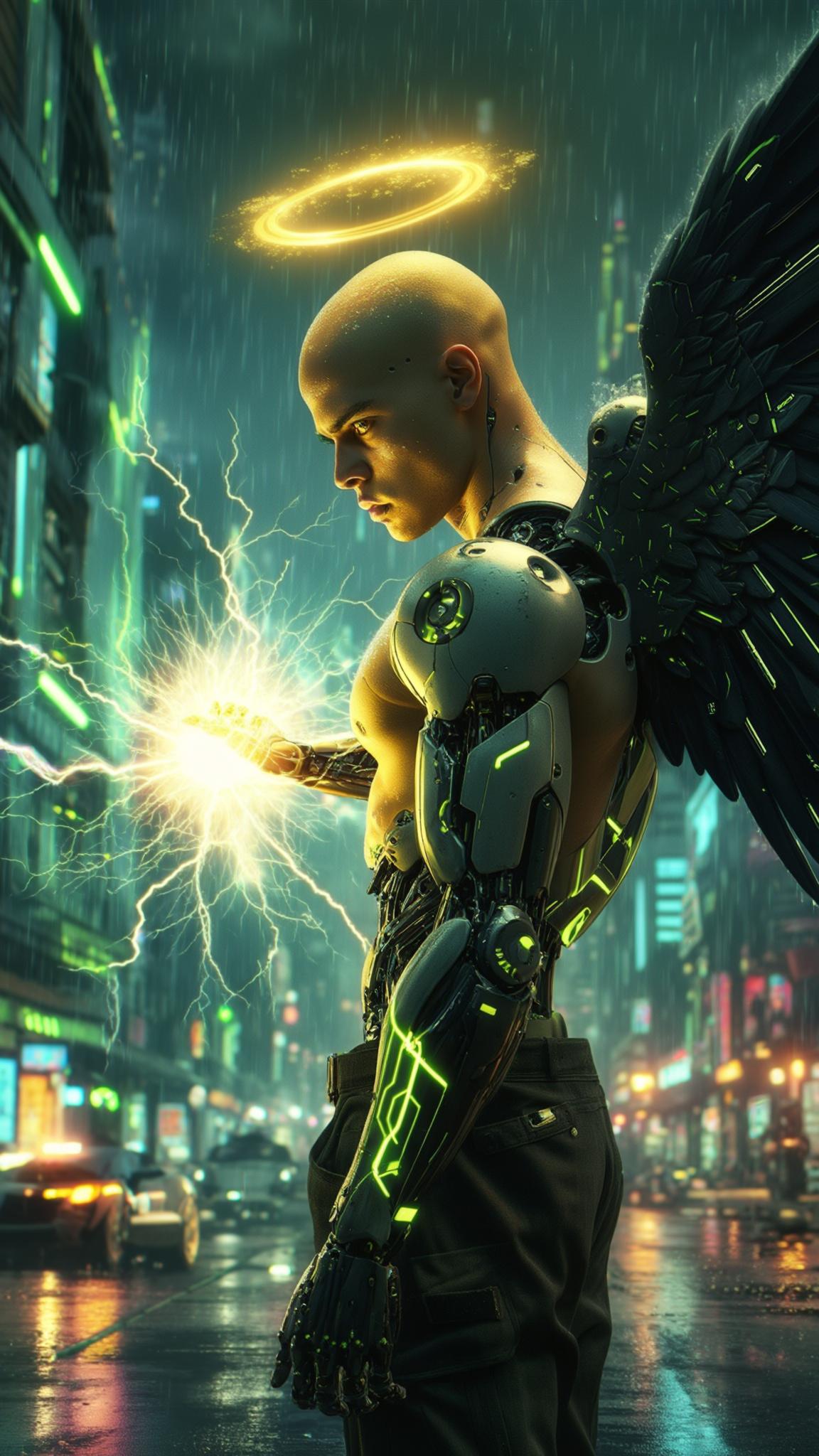AI Image Generated by Luma Photon: A cinematic 45-degree shot captures a bald Dominican young man standing in the neon-lit streets of a sprawling futuristic cityscape, his battle-worn face illuminated by the golden glow of a floating halo above his head. Rain drizzles onto the slick pavement, reflecting the pulsing neon skyline as distant patrol ships weave through the sky. His cybernetic arms crackle with surging electricity, energy coursing like a living storm through his metallic veins. Massive Gundam-style mecha wings remain folded behind him, their sleek black alloy and neon green energy pulsating in anticipation.

Slowly, he raises his arm forward, fingers curling into a precise form as raw power gathers at his palm. The atmosphere shifts—lights flicker, the air hums, and the ground trembles with the charge. The camera tightens on his face, revealing a sharp, unwavering gaze as a brilliant energy sphere condenses at his fingertips. Then, in a single, explosive motion, he unleashes a blinding energy blast skyward. The shot follows the beam’s trajectory as it cuts through the rain, illuminating the darkened skyline with an electric-blue glow. The enemy ship above attempts to evade, but the impact is inevitable—an eruption of fire and debris engulfs the sky, shockwaves rippling through the towering skyscrapers. His silhouette stands firm against the backdrop of destruction, the faint crackle of residual energy still flickering around his outstretched arm. The city hums with tension, bathed in the aftermath of his raw power, rendered in hyper-realistic 8K with Unreal Engine-quality visuals.