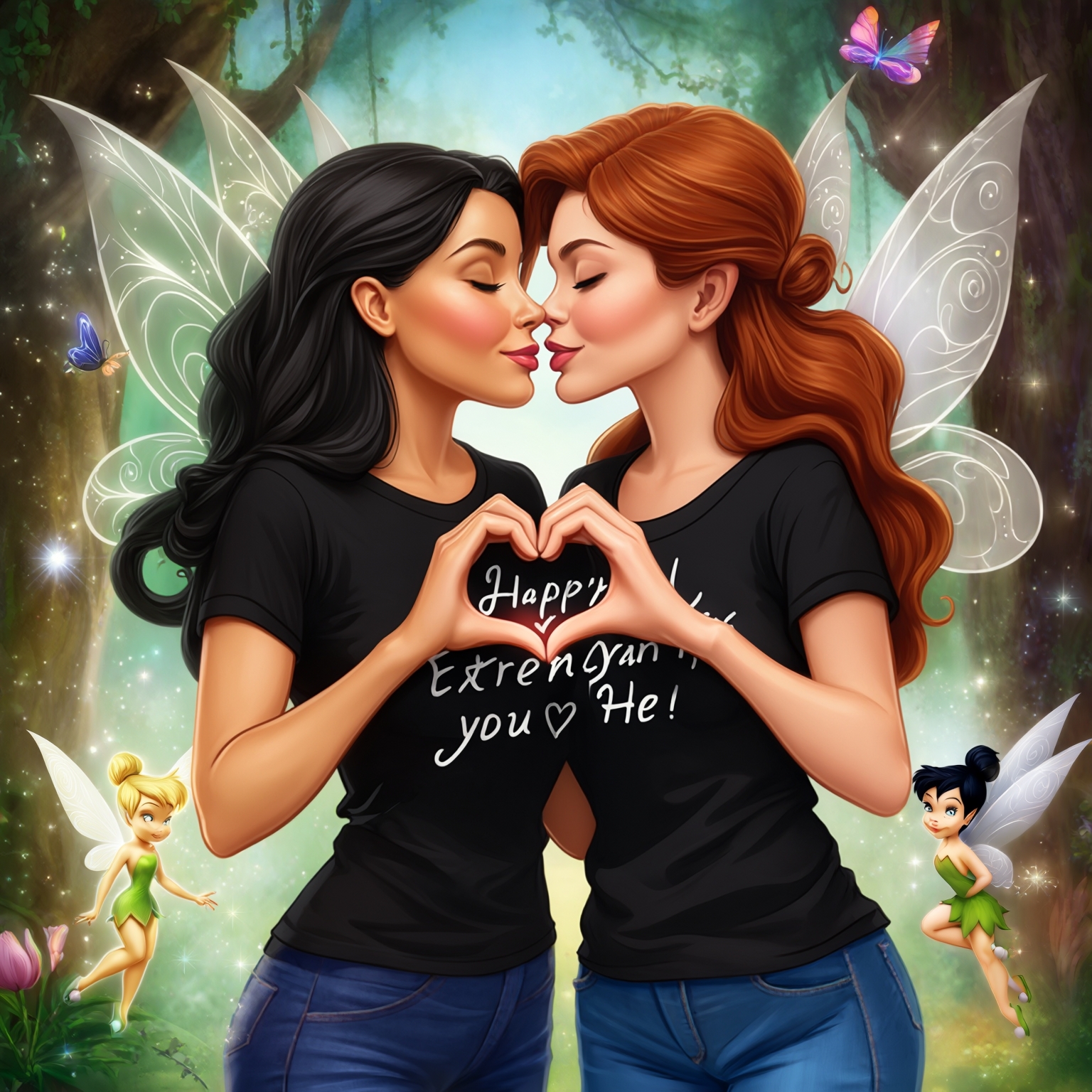 AI Image Generated by Luma Photon: Lesbiennes en t-shirt noir noe Fairy animal et  tinkerbell faire un cœur avc leur deux mains être amoureuse et resté amoureuse pour toujours et s'embrasser sur la bouche dessin drawing Disney cartoon 