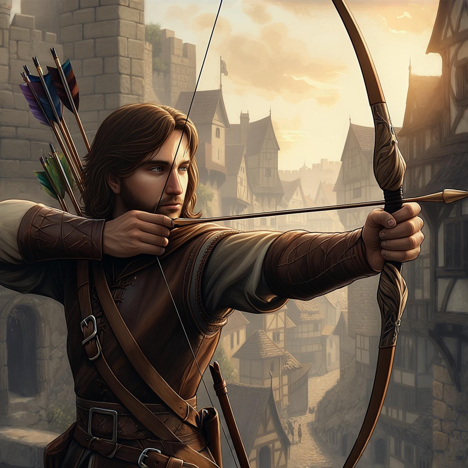 AI Image Generated by Luma Photon: An archer with an open and calm face aims against the backdrop of a medieval city in vintage fantasy style
