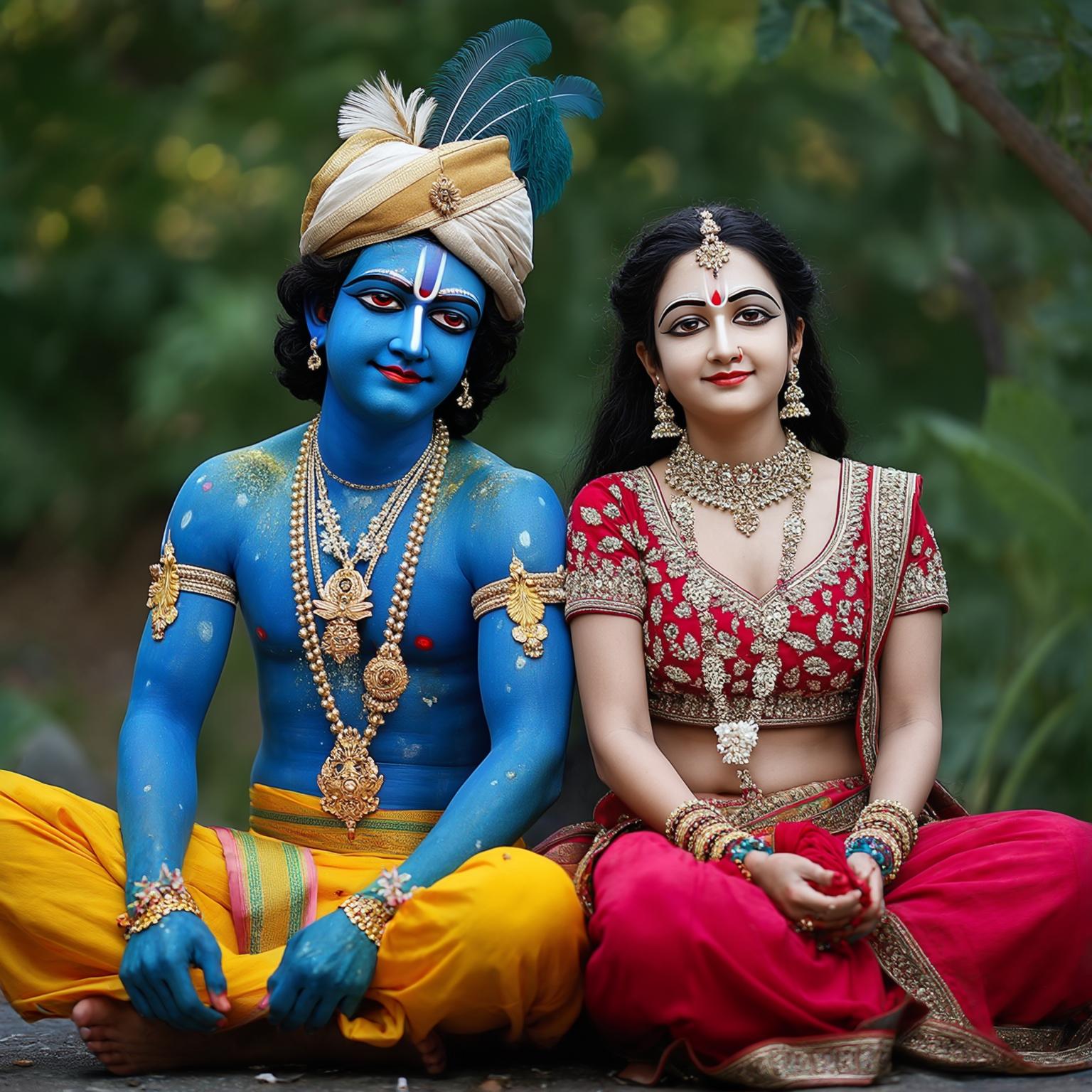 AI Image Generated by Luma Photon: A photograph of two couple dressed as Hindu deities Radha and Krishna, sitting together cross-legged. Male is  wearing blue skin, traditional yellow and blue garments, a feathered crown, and jewelry. Female wearing a red and gold outfit and jewelry. 