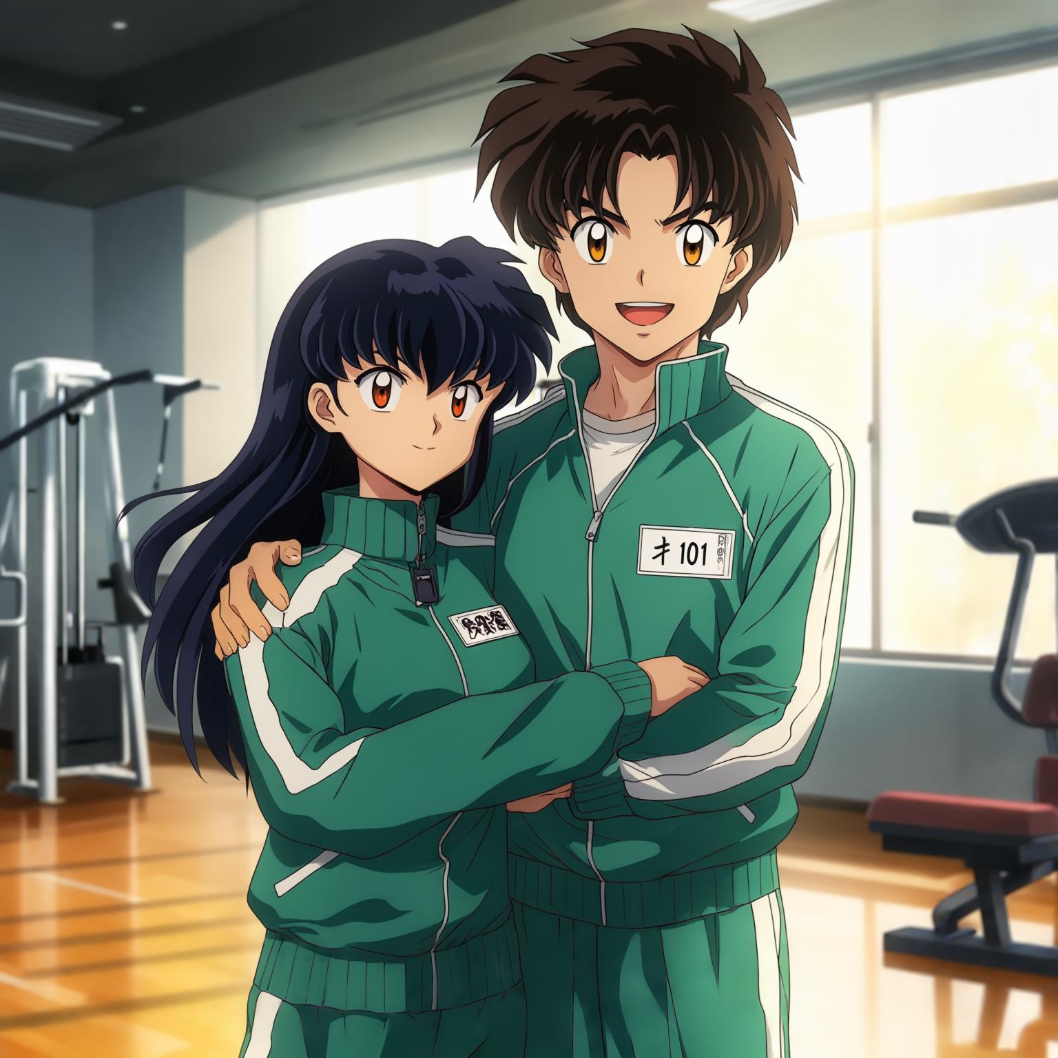 AI Image Generated by Luma Photon: A lively animated scene in which the Inuyasha character is arm in arm with a confident expression. Wearing a green tracksuit with white stripes on the sleeves. A name tag with number 101 written on it is attached to the chest. The background is an indoor gym and it is bright with sunlight coming in through a large window.