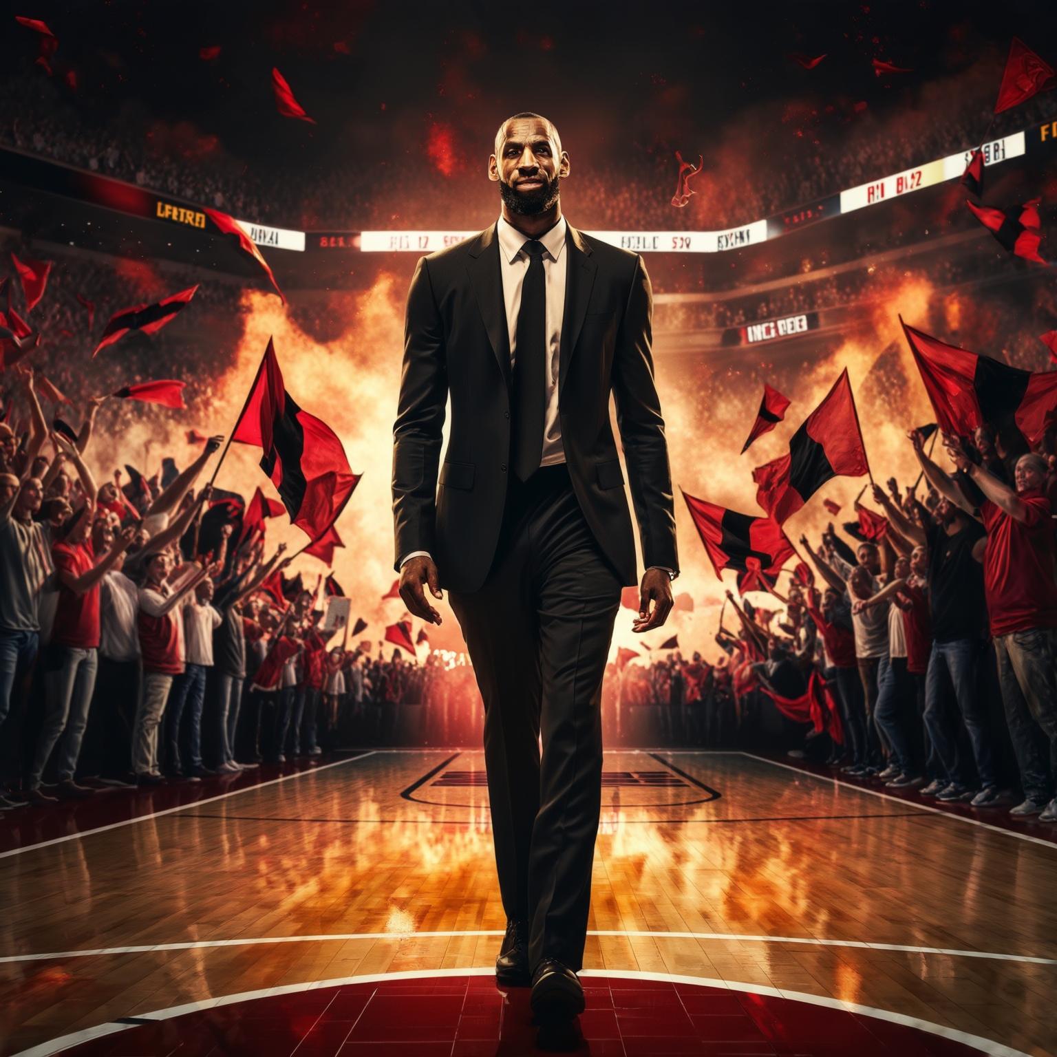 AI Image Generated by Luma Photon:  Michael Jordan walking in a black suit on a basketball court surrounded by fans, red and black flags waving, a burning atmosphere evoking greatness and dominance.
