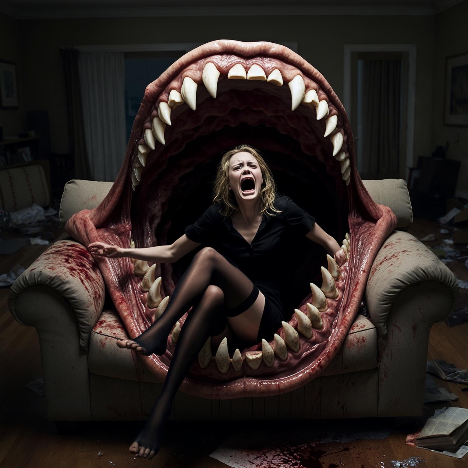 AI Image Generated by Luma Photon: realistic photo of screaming scarlett johansson, inside the mouth of a huge freaky couch monster. she is wearing black short dress and long black stockings and no shoes. legs outstretched. living room background.