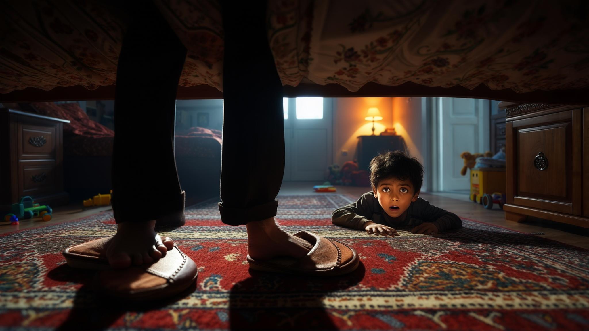 AI Image Generated by Luma Photon: The location is inside a family's room in Turkey. The child is hiding under the bed and looks anxiously at his father's feet standing outside.