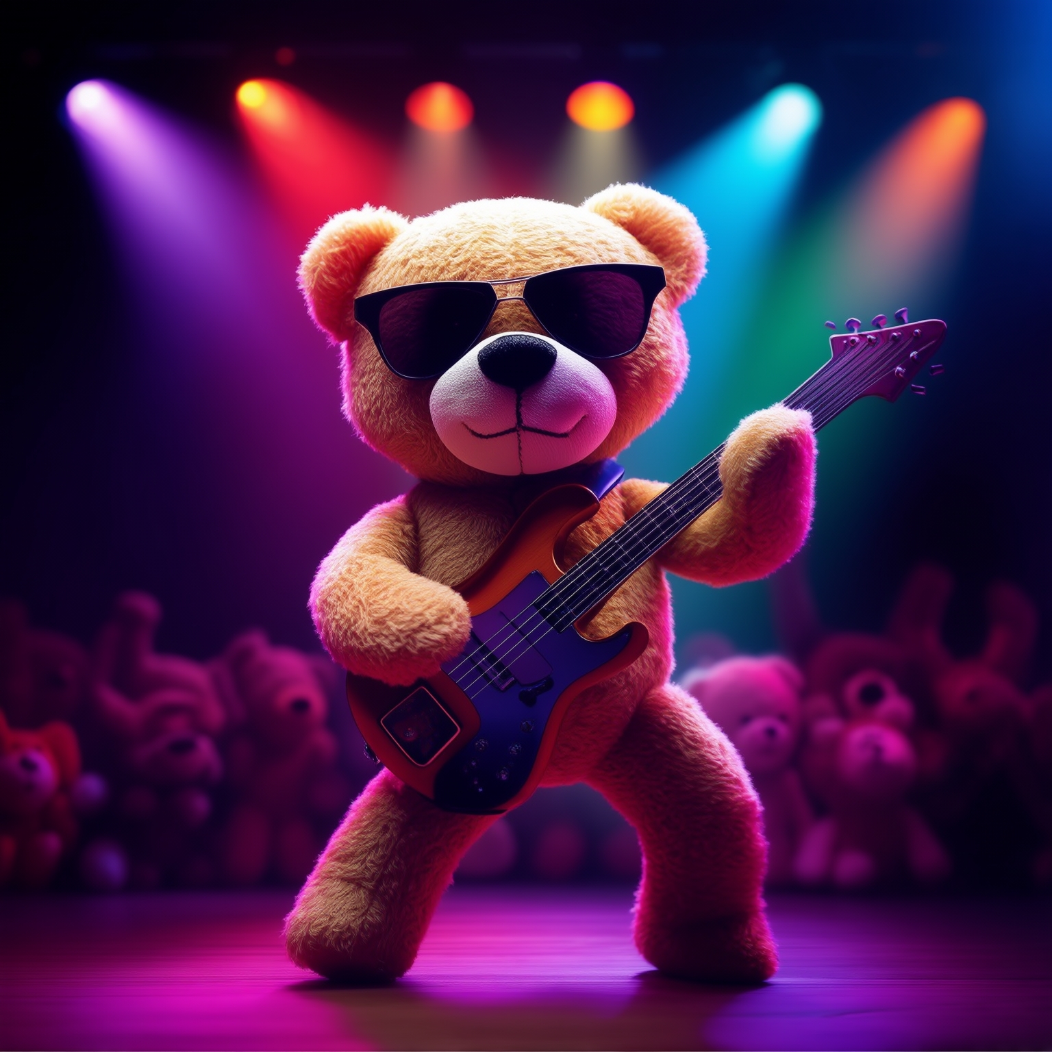 AI Image Generated by Luma Photon: A teddy bear in sunglasses playing electric guitar and dancing