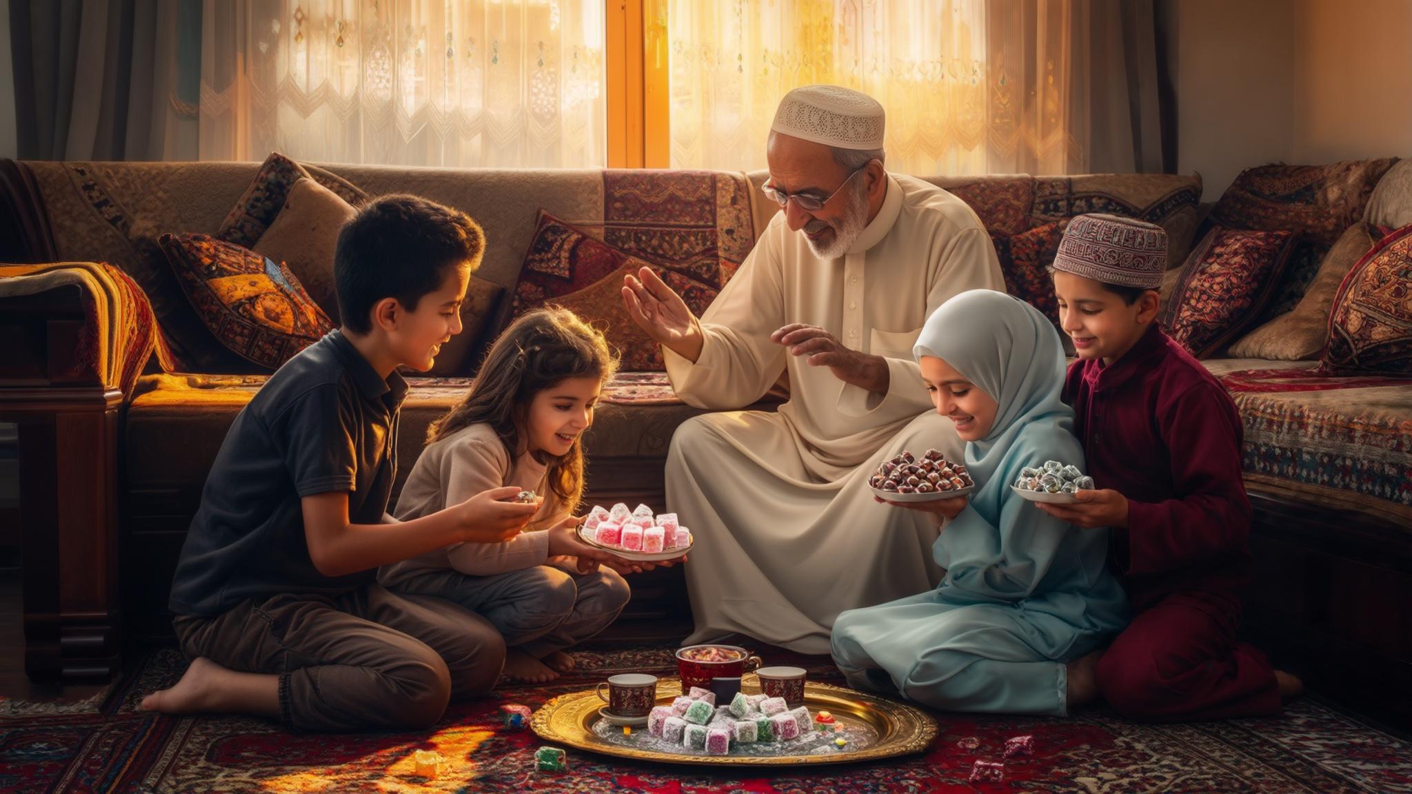 AI Image Generated by Luma Photon: Illustrate a heartwarming scene of grandchildren sharing festive sweets (like Turkish delight or chocolates) with their elders during Ramadan Bayram (Eid al-Fitr). The setting can be a cozy living room or a traditional home, with warm lighting, joyful expressions, and cultural details like tea cups or decorative elements. Emphasize the love, respect, and happiness of the moment in a realistic or semi-realistic art style.