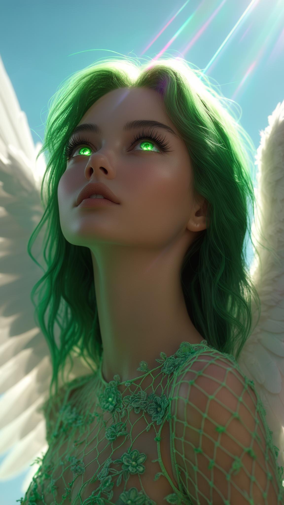 AI Image Generated by Luma Photon: A breathtaking close-up of a young woman with radiant white angel wings, her flawless skin glowing as she slowly tilts her head upward toward the sky. The golden mid-day sunlight cascades over her face, highlighting her delicate features with a warm, ethereal glow. Her deep green eyes shimmer with wonder, reflecting the endless sky above, framed by long, fluttering lashes. Her vibrant green hair catches the light, strands glistening as they sway gently in the breeze. Her intricate, netted floral outfit in emerald hues subtly reveals her smooth skin, accentuating her divine beauty. As she lifts her gaze, soft neon streaks of light flare through the lens, casting a dreamy 80s retro aura across the scene. The hyper-realistic 8K rendering captures every exquisite detail—the texture of her lips, the delicate movement of her hair, and the intricate feathers of her glowing wings. A cinematic slow-motion effect enhances the moment, making it feel like a heavenly vision, as if time itself slows to admire her beauty. The scene is mesmerizing, surreal, and deeply emotive, evoking the presence of an angel lost in a dream.