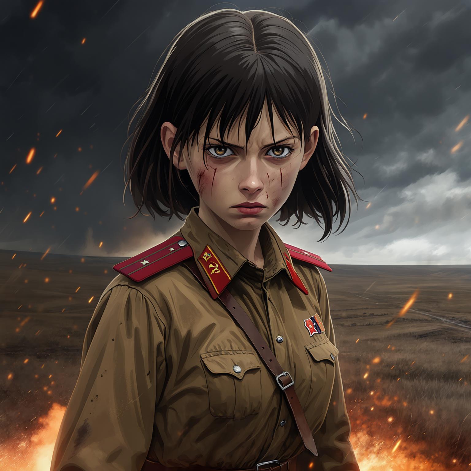 AI Image Generated by Luma Photon: Girl, anime, serious face, steppes, bad weather, fire sparks, anime, acrylic, soviet uniform, ww2