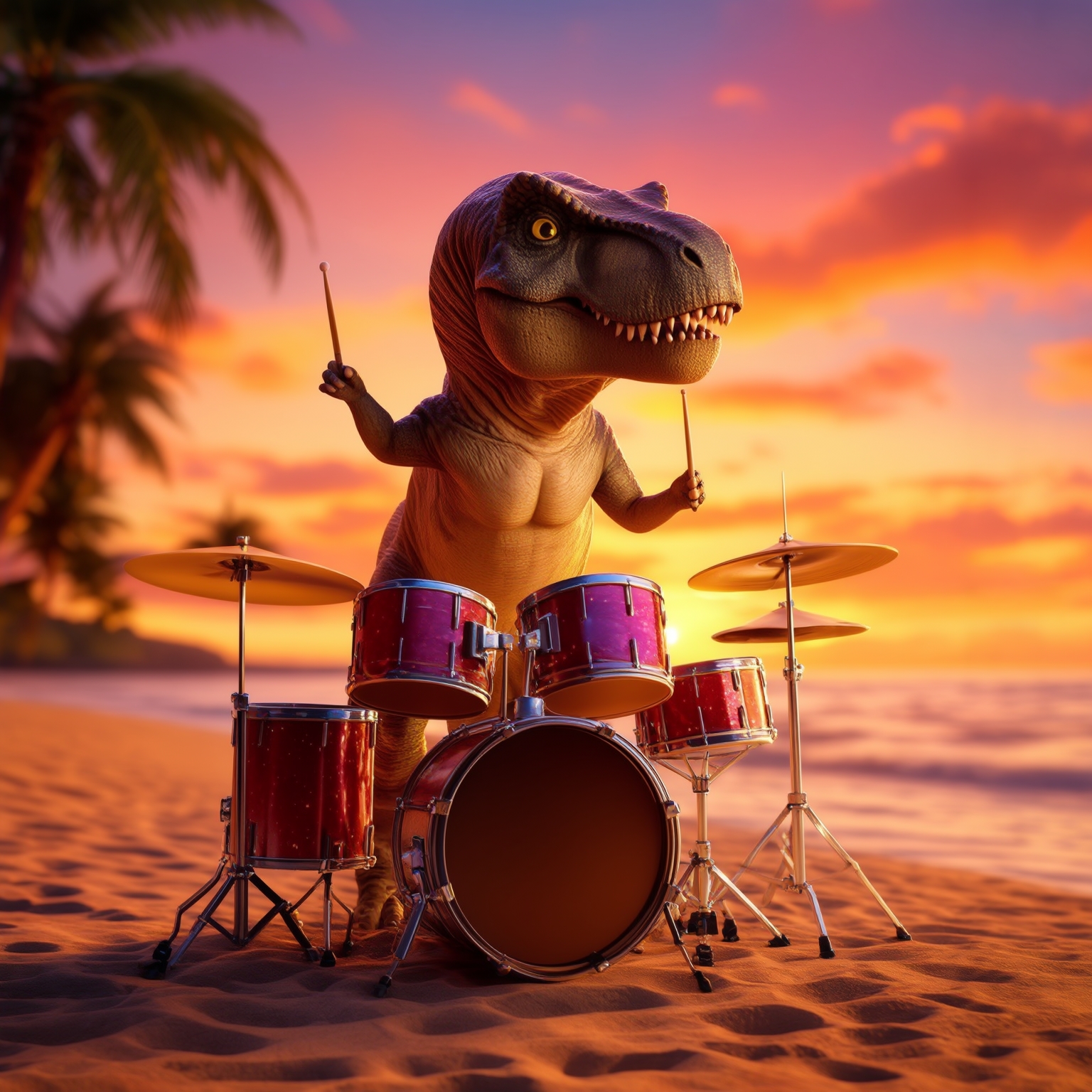 AI Image Generated by Luma Photon: t-rex happily playing drums on a full drum set, during sunset in Hawaii 