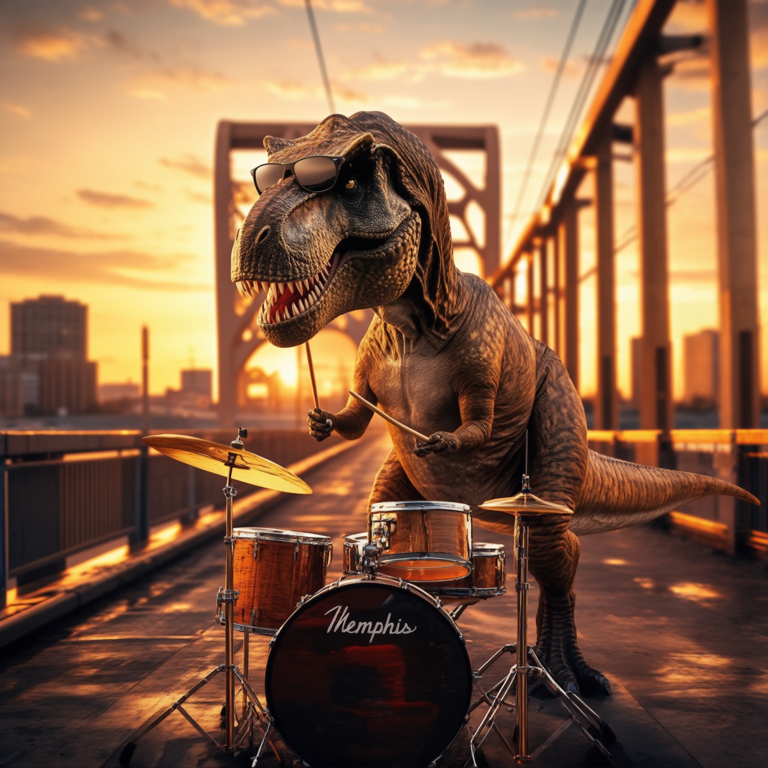 AI Image Generated by Luma Photon: t-rex wearing sunglasses and playing drums at the bridge in Memphis tennessee