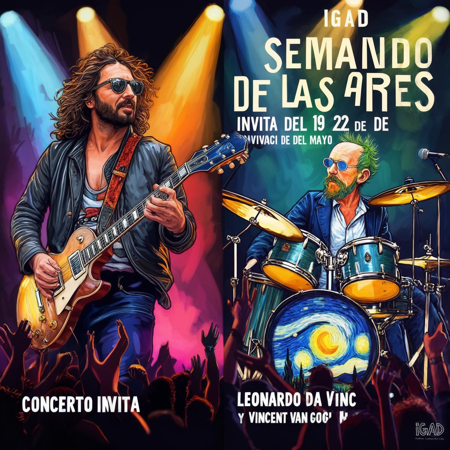 AI Image Generated by Luma Photon: A hyper-realistic, colorful digital illustration of Leonardo da Vinci and Vincent van Gogh as members of a rock band. Leonardo is playing electric guitar with a stylish modern outfit and sunglasses, van Gogh is on drums, also dressed in vibrant rock attire. They are on a lit stage with dynamic lighting, colorful spotlights, and a cheering crowd in the background. Above them, bold modern text reads: 'IGAD Semana de las Artes'. Below that: 'Invita del 19 al 22 de Mayo'. At the bottom: 'Concierto Leonardo Da Vinci y Vincent van Gogh'. Designed for a social media post, with a visually striking layout.