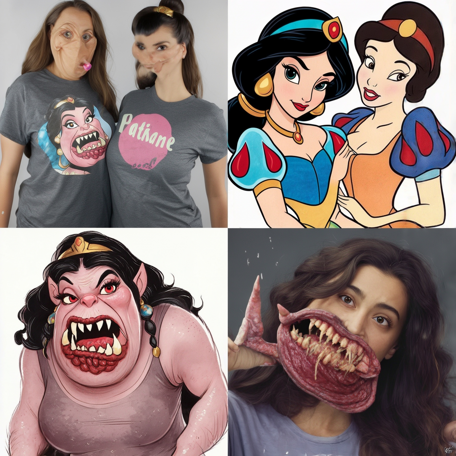 AI Image Generated by Luma Photon: lesbians in t-shirts gray and princess jasmine being whit Mouth Monster nice ogress and princess snow white whit mouth monster nice ogress that both drawing Disney cartoon 1937s