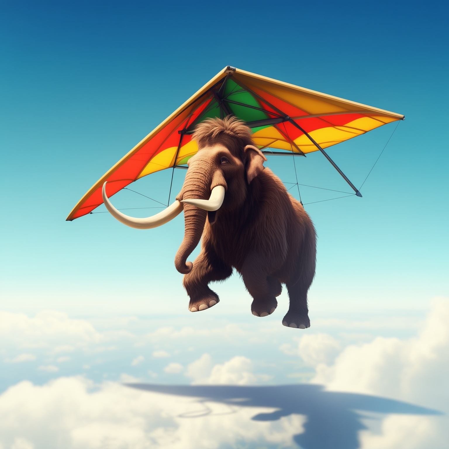 AI Image Generated by Luma Photon: happy holly mammoth flying a hang glider that's much larger than he is