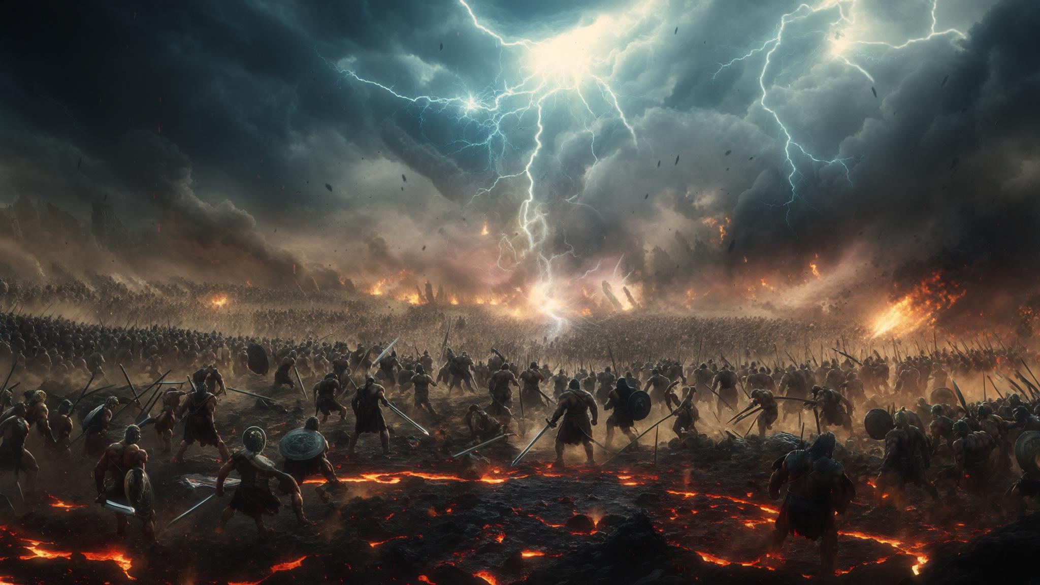 AI Image Generated by Luma Photon: A vast, war-torn landscape under a darkened sky, filled with towering Olympian and Titan warriors locked in battle. The cracked earth smolders with lava fissures, while storm clouds churn above, illuminated by bursts of divine lightning. I The air is thick with swirling dust, shattered weapons, and echoes of war cries. A sense of apocalyptic chaos dominates the scene, as divine energy and dark Titan magic collide in an epic confrontation."