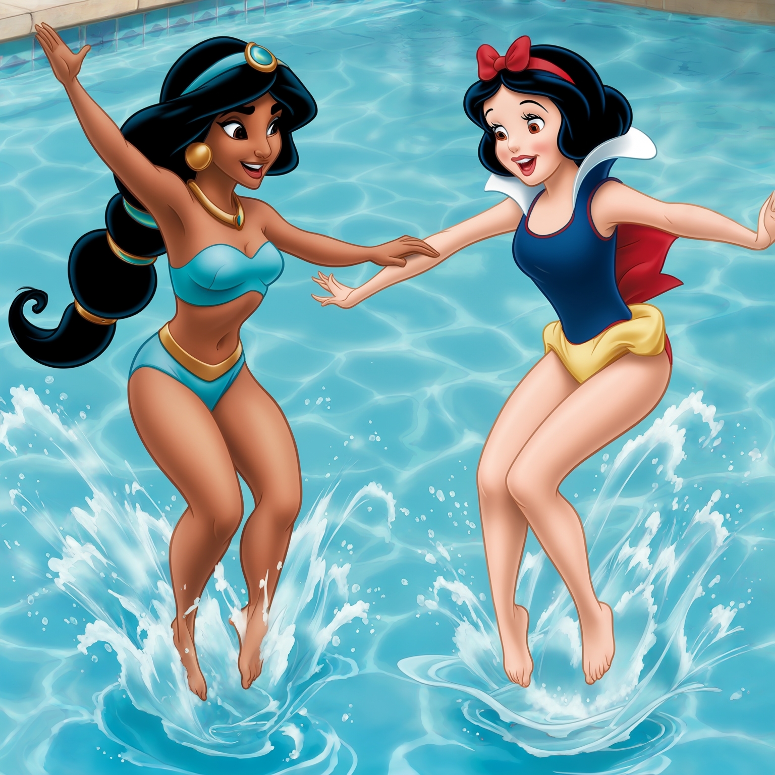 AI Image Generated by Luma Photon: two lesbians happy smiles in a swimsuit and Jasmine and snow white bathe pool and jumping off the diving board styles Disney drawing  