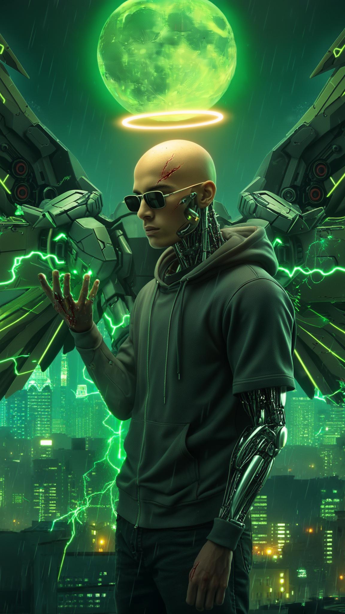 AI Image Generated by Luma Photon: A cinematic shot captures a bald Dominican young man standing motionless in the heart of a sprawling futuristic cityscape. The golden glow of a floating halo above his head softly illuminates his cybernetically enhanced face, highlighting deep scars that tell a story of survival. His sleek sunglasses rest low on his nose, revealing sharp, contemplative eyes as he gazes into his open palm radiating with green electricity. Raindrops sizzle against his cybernetic fingers, steam rising as faint arcs of electricity dance across his metallic limbs. His massive Gundam-style mecha wings remain folded behind him, pulsating with neon green energy, their intricate mechanisms subtly shifting with each breath he takes. The city hums around him—ships patrol the sky, their distant lights flickering in the reflection of his palm. The camera lingers on the moment, capturing every detail in hyper-realistic 8K with Unreal Engine-quality visuals. The neon skyline pulses in slow rhythm, a hypnotic dance of color and light, while a massive green moon looms overhead, casting an ethereal glow across the scene. The world seems to pause with him, the weight of destiny resting in his grasp.