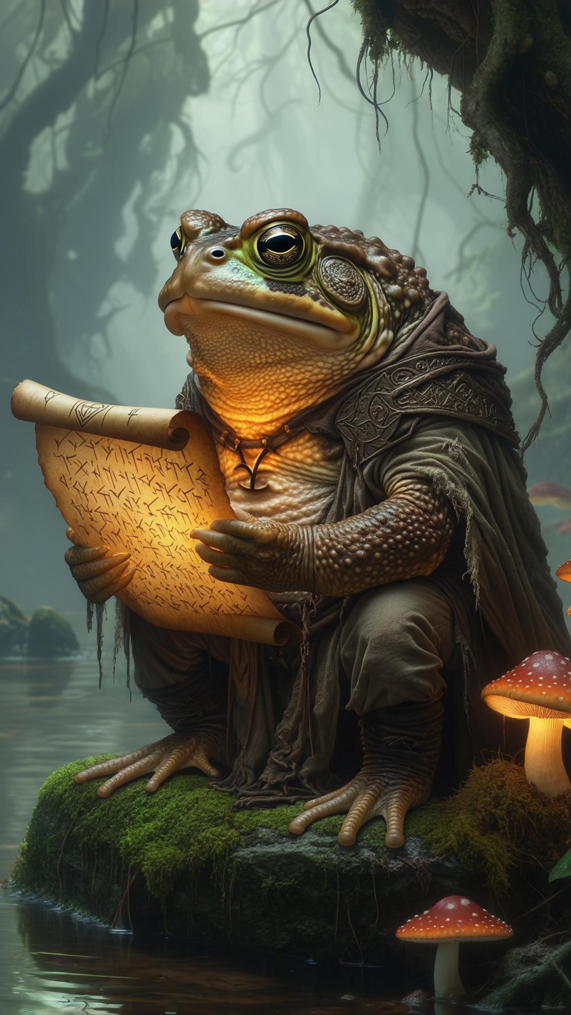 AI Image Generated by Luma Photon: boris vallejo style, frank frazetta style, 8k high quality digital painting, masterpiece, very detailed, ultra realistic, (best quality) very detailed epic masterpiece, detailed face, full body, wrinkly wizard toad reading an ancient scroll in a swamp, best quality, epic scene, Dungeons and dragons atmosphere, heroic fantasy, realistic, realism, full body