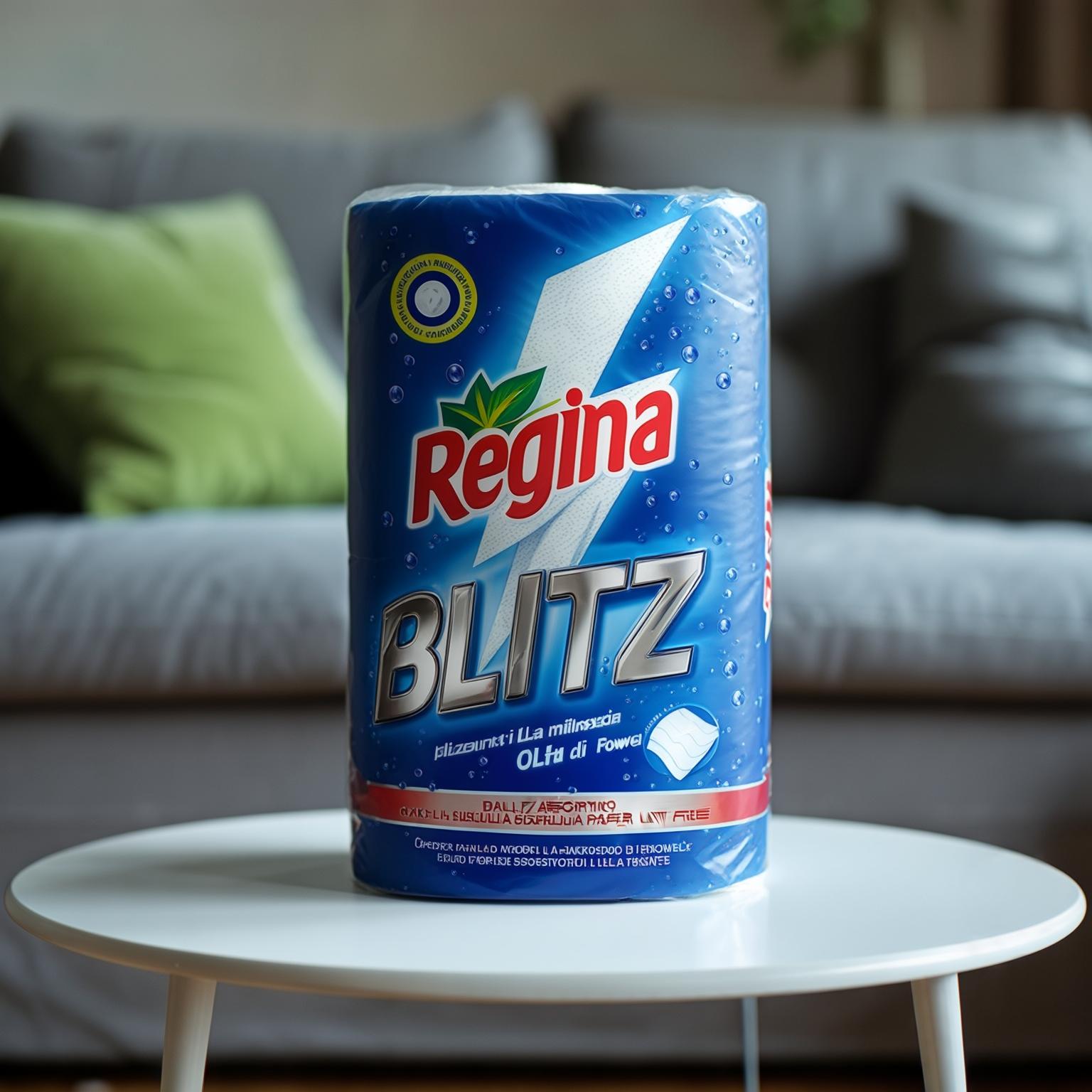AI Image Generated by Luma Photon: A high-quality close-up photograph of a Regina Blitz paper towel roll standing upright on a modern white table in a cozy living room. The packaging is blue with a lightning bolt graphic, small water bubbles, and bold white and red typography. The text includes 'Regina' in a green and red logo, 'Blitz' in metallic silver, and additional descriptions in Italian about its high absorbency and lint-free properties. The background features a blurred gray sofa with a soft, green pillow. The lighting is natural and diffused, creating a soft and inviting ambiance. The focus is sharp on the product, with a depth-of-field effect enhancing the clarity of the text and packaging details. Photorealistic style, high resolution, hyper-detailed textures.