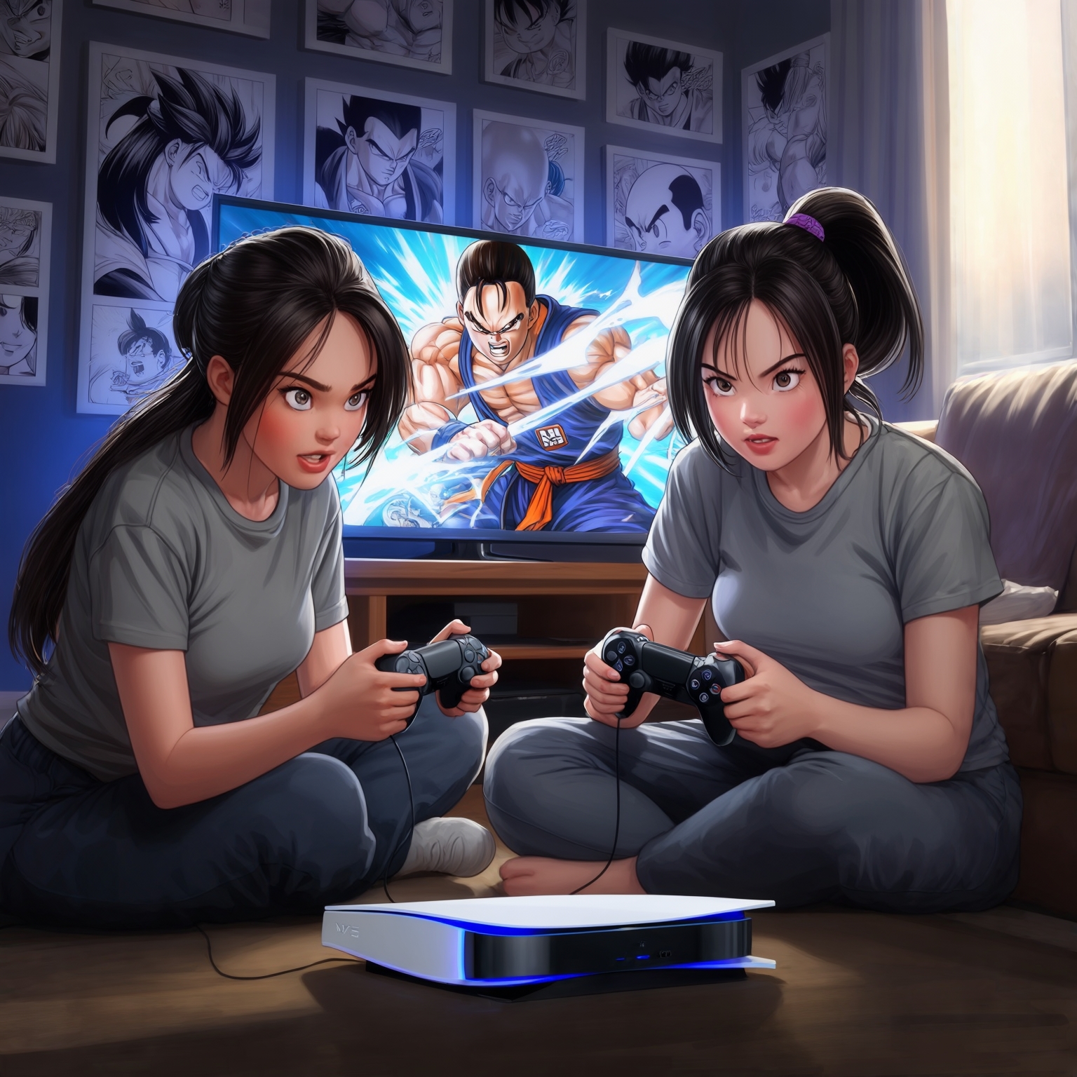 AI Image Generated by Luma Photon: Elena et Chun-Li en t-shirt gris jouer a la ps5 ensemble styles Street Fighter manga
