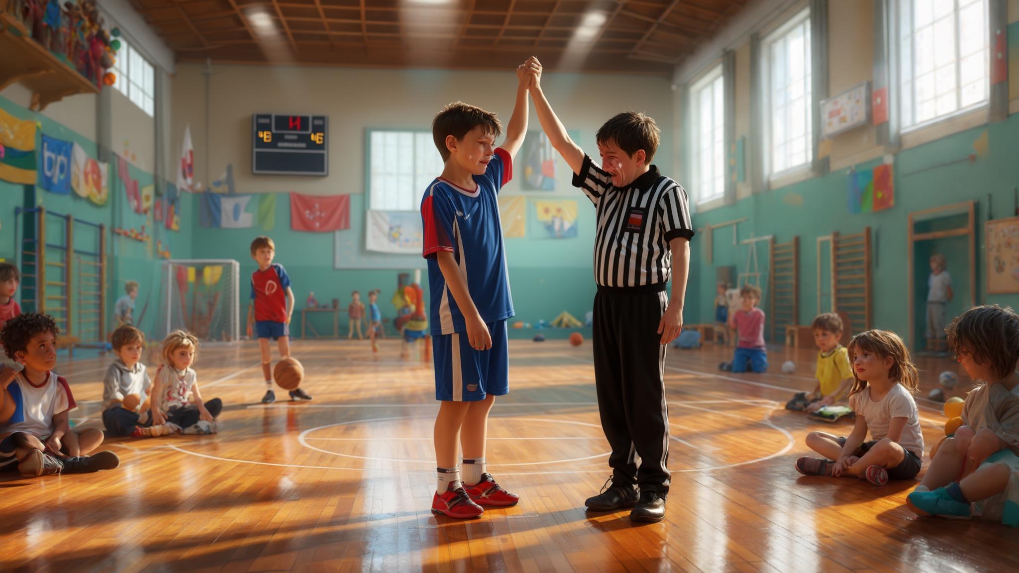 AI Image Generated by Luma Photon: A photo realistic horizontal picture shows the inside of a children's sports hall in Paris. Two boys in sport and a referee are standing, other kids sitting around. The referee in the middle is raising the hand of one boy as the winner, but the other boy is crying.