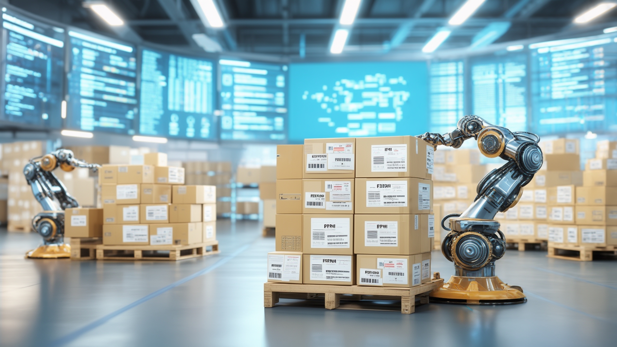 AI Image Generated by Luma Photon: a robotic warehouse preparing pallets of RPM packages and the associated shipping manifests