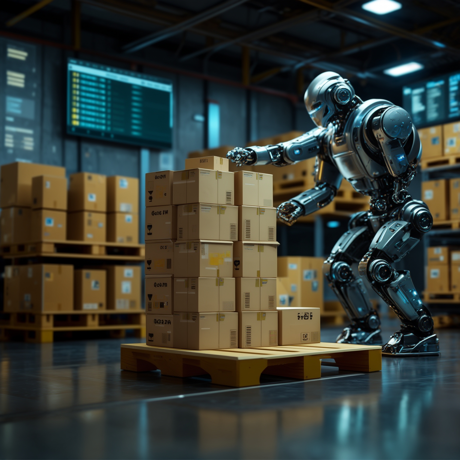 AI Image Generated by Luma Photon: a robotic warehouse preparing pallets of RPM packages and the associated shipping manifests