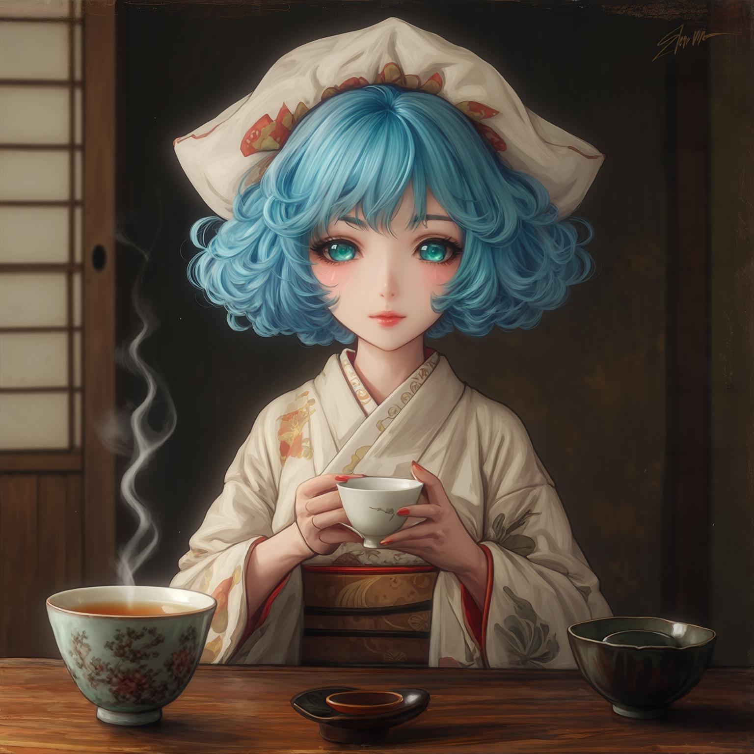 AI Image Generated by Luma Photon: Hatsune Miku drinks a cup of tea, by ZUN, touhou eosd, old touhou style, oil like anime art