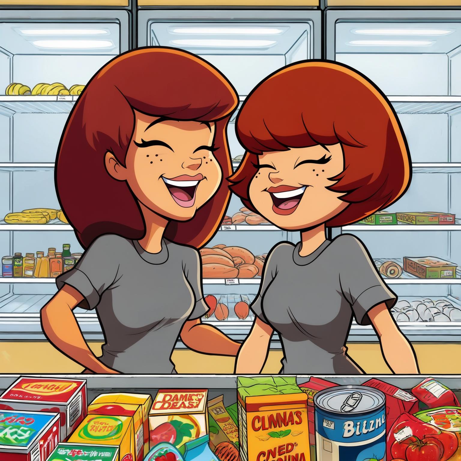 AI Image Generated by Luma Photon: lesbienne et velma dinkley habiller en t-shirt manche court gris et daphne blak habiller en t-shirt manche court gris et faire les courses ne plus rien avoir dans le frigo dans le magasin être heureuse de choisir se qu'elle veulent manger et les courses vue de près styles hanna barbara 
