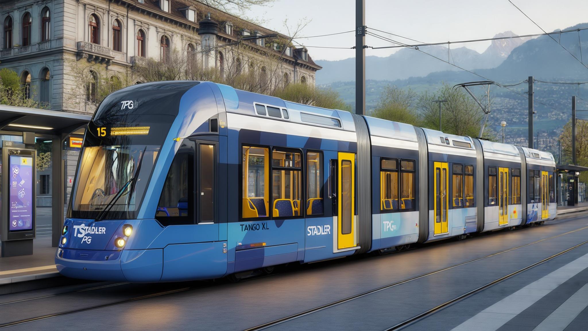 AI Image Generated by Luma Photon: photorealistic 3D render of a Stadler Tango XL tram (series 1801-1833) in Geneva, Switzerland in 2025. The tram should display the updated TPG (Transports Publics Genevois) livery featuring the dominant blue base with white accents and yellow doors, including the TPG logo and 'tpg.ch' website on the side. This 44-meter bidirectional articulated vehicle should be positioned on the Line 15 route (marked on the digital destination display) near the Cornavin main station with the distinctive Post building visible. Include the tram's seven sections with articulation joints, low-floor design, and the characteristic panoramic windows with anti-glare coating. Show precise details including the Stadler manufacturer plate, ITCS (Intermodal Transport Control System) antennas on the roof, regenerative braking technology indicators, and the wheelchair accessibility ramp deployed at the second door. The overhead pantograph should be connecting to the 600V DC catenary system with visible tension wires. The scene should include the new smart platform with real-time digital information displays, contactless payment terminals, and the Geneva-specific street furniture design introduced in late 2024. Capture the scene at 5:30 PM in early spring with characteristic Lake Geneva light quality, with Mont Blanc visible in the distance through a slight haze