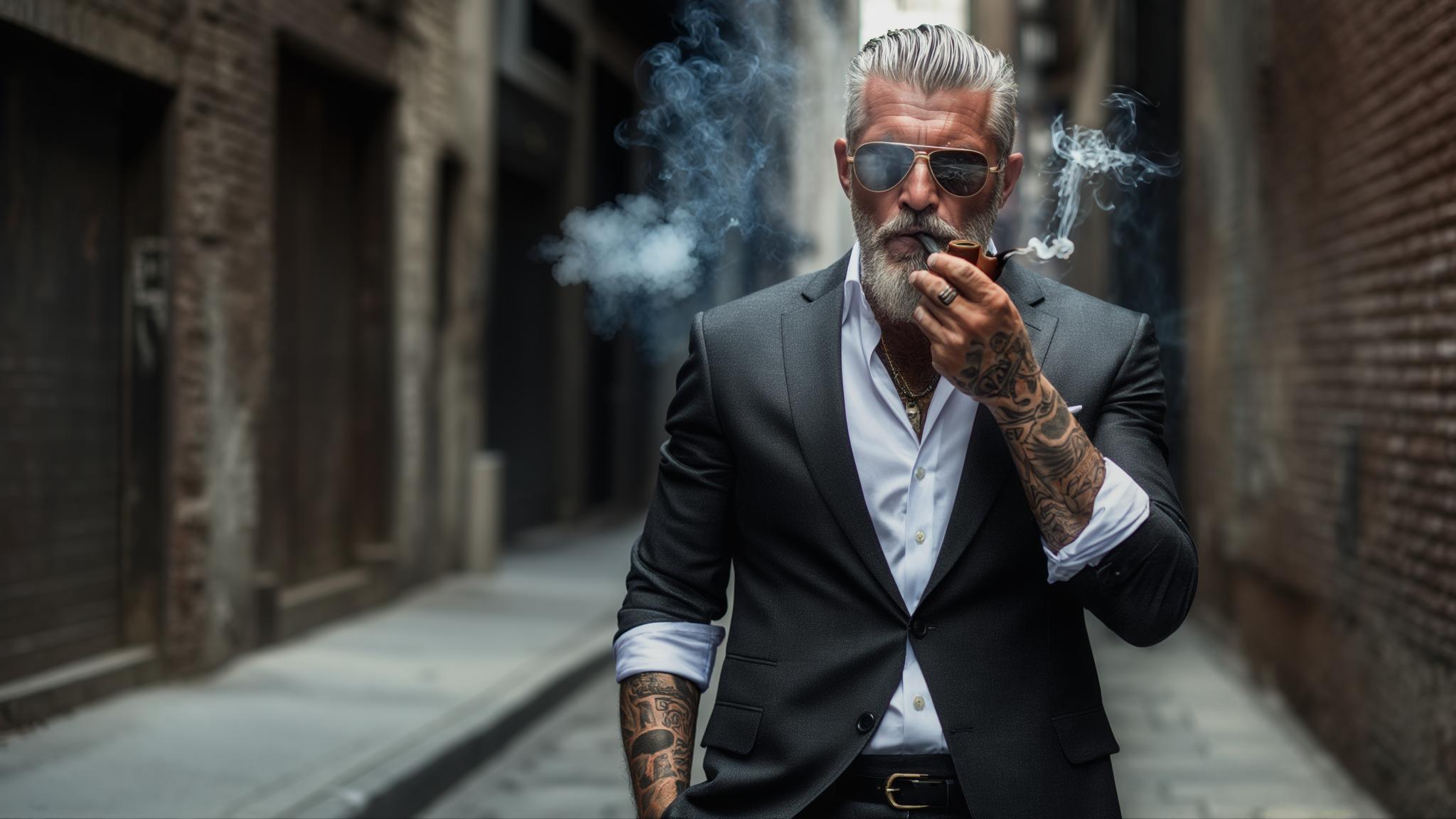 AI Image Generated by Luma Photon: a hyper-realistic older white man with slicked-back silver hair and a full gray beard, wearing a tailored dark charcoal suit with a white dress shirt underneath, sleeves rolled up just below the elbows to reveal full sleeve tattoos on both arms, standing confidently in an urban alleyway, relaxed but sharp posture, wearing reflective aviator sunglasses, smoking a pipe with realistic smoke, leather belt and dress shoes visible, skin with realistic pores and wrinkles, fabric showing subtle creases and folds from movement, cinematic directional lighting with soft shadows, gritty textured brick walls in the background, realistic pavement, photorealistic DSLR 85mm fashion street photography style

